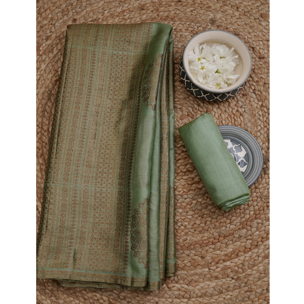 Dusty Green Handwoven Pure Tussar Silk Saree With Blouse Piece