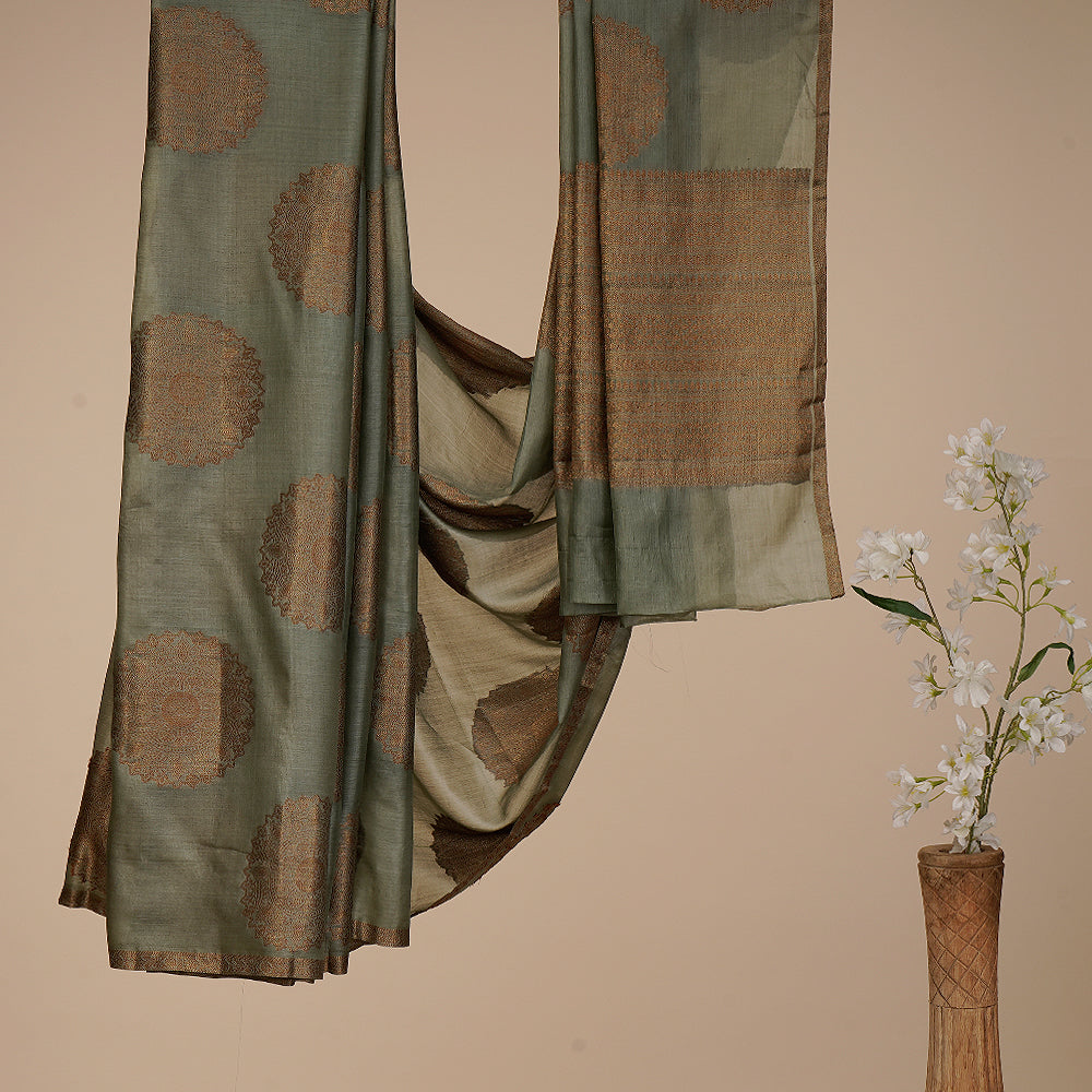 Cement Grey Handwoven Pure Tussar Silk Saree With Blouse Piece
