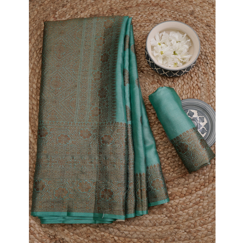 Dusty Blue Handwoven Zari Bordered Pure Tussar Silk Saree With Blouse Piece