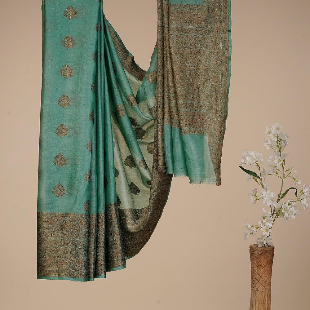 Dusty Blue Handwoven Zari Bordered Pure Tussar Silk Saree With Blouse Piece