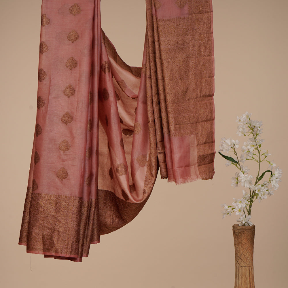 Peach Color Handwoven Zari Bordered Pure Tussar Silk Saree With Blouse Piece