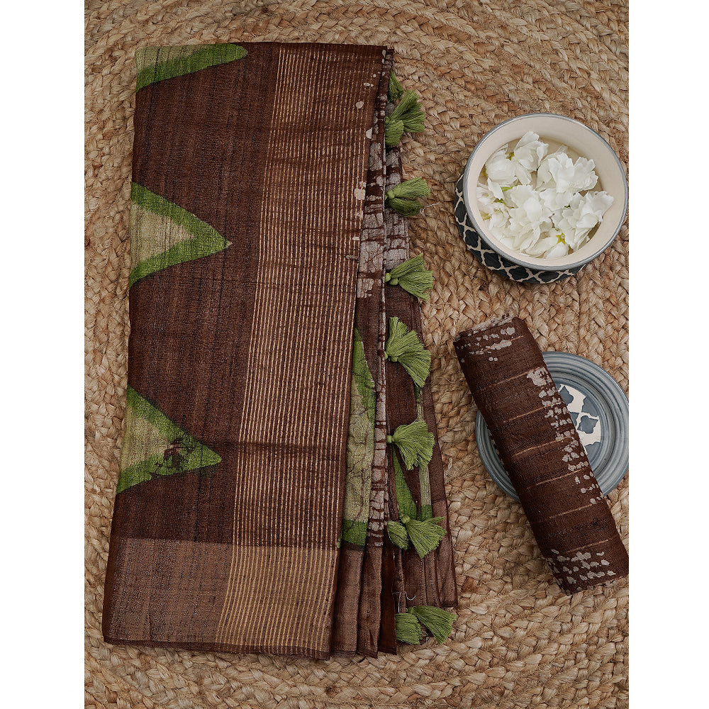 Coffee Handcrafted Dabu Printed Pure Tussar Silk Saree With Blouse Piece