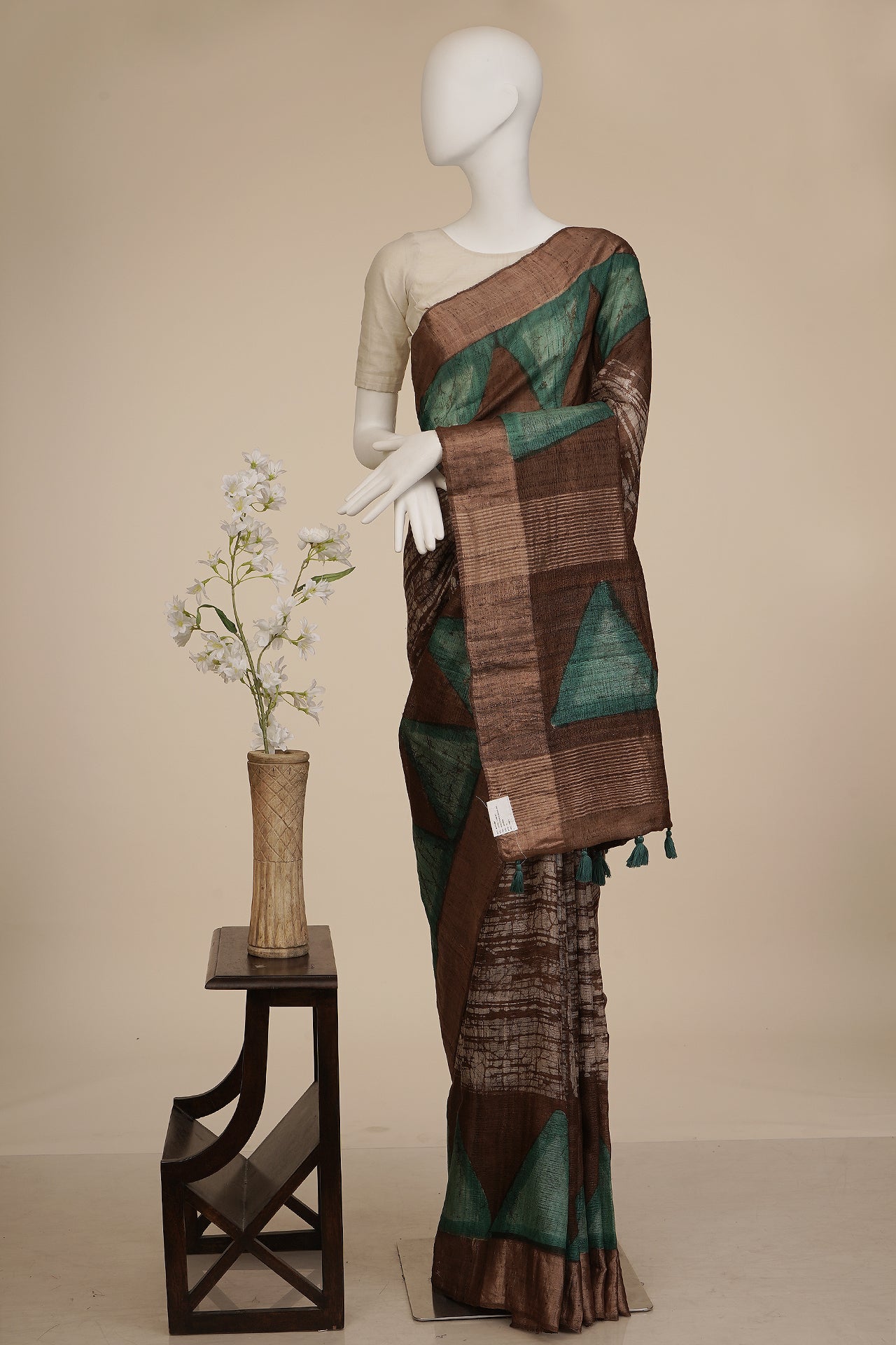 Dark Brown Handcrafted Dabu Printed Pure Tussar Silk Saree With Blouse Piece