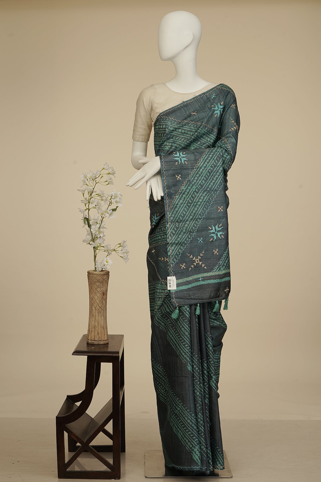 Airforce Blue Handcrafted Dabu Print With Embroidery Pure Tussar Silk Saree With Blouse Piece