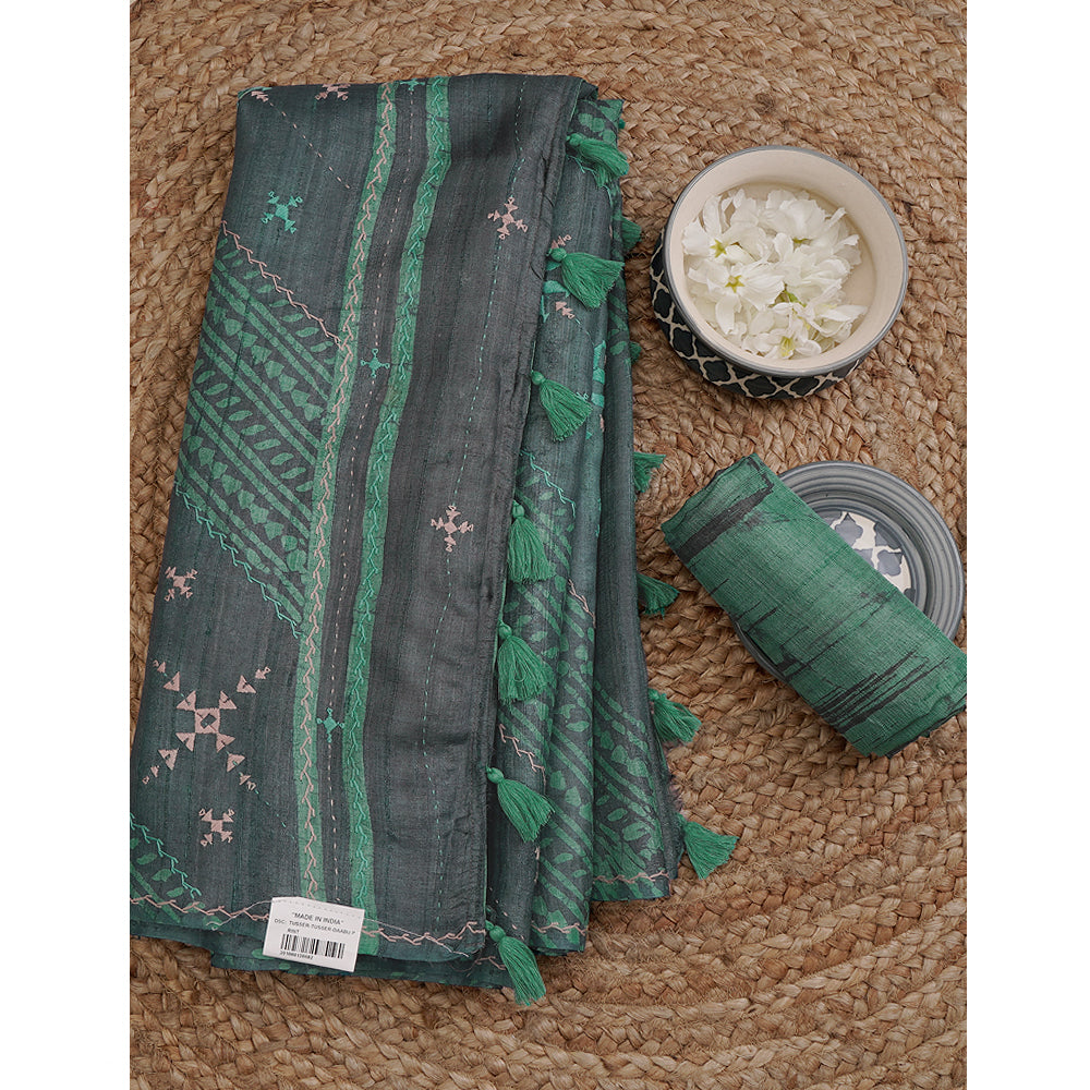 Airforce Blue Handcrafted Dabu Print With Embroidery Pure Tussar Silk Saree With Blouse Piece