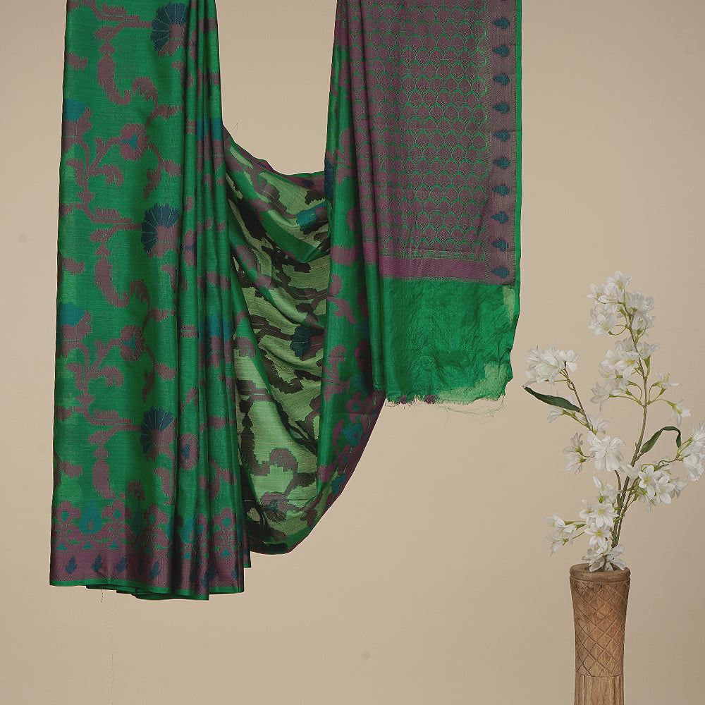 Green Handwoven Pure Tussar Silk Saree With Blouse Piece