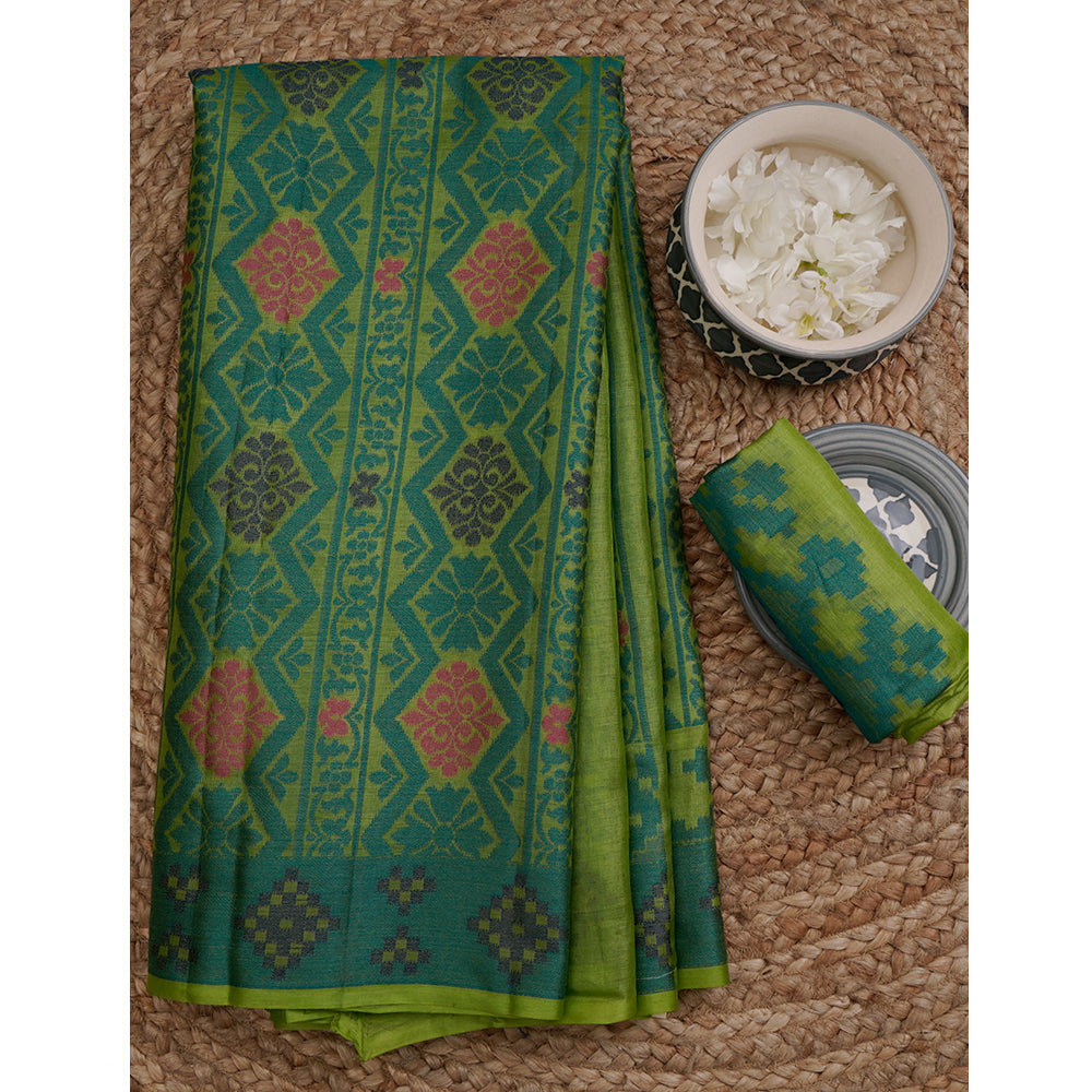 Parrot Green Handwoven Pure Tussar Silk Saree With Blouse Piece