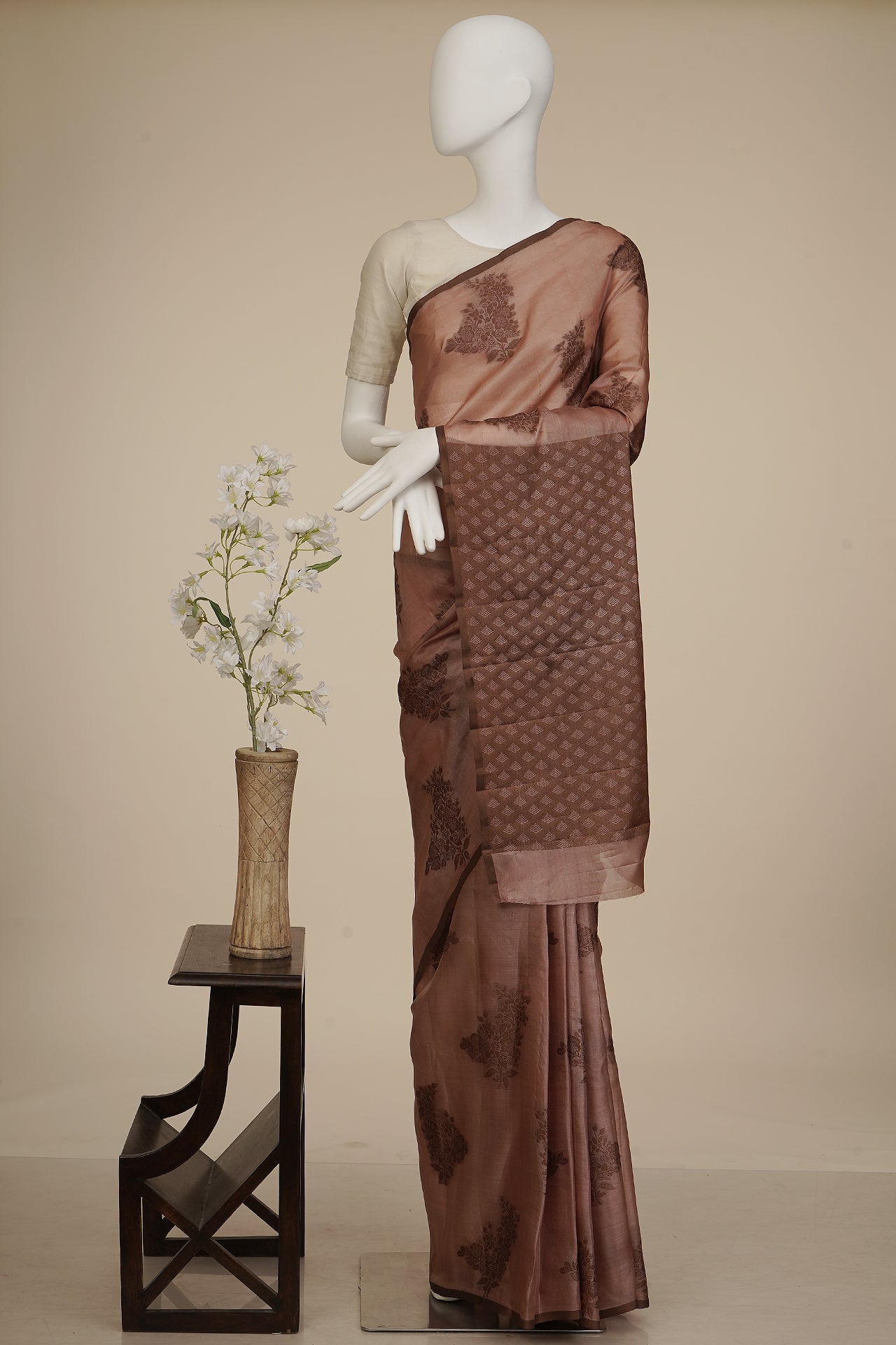 Salmon-Brown Color Handwoven Pure Tussar Silk Saree With Blouse Piece