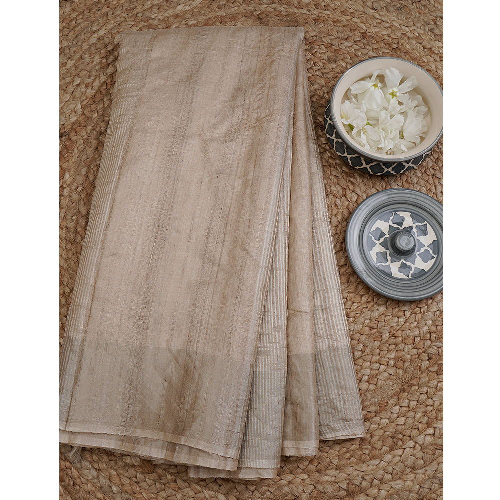 Beige Color Handwoven Tussar Silk Saree With Blouse Piece