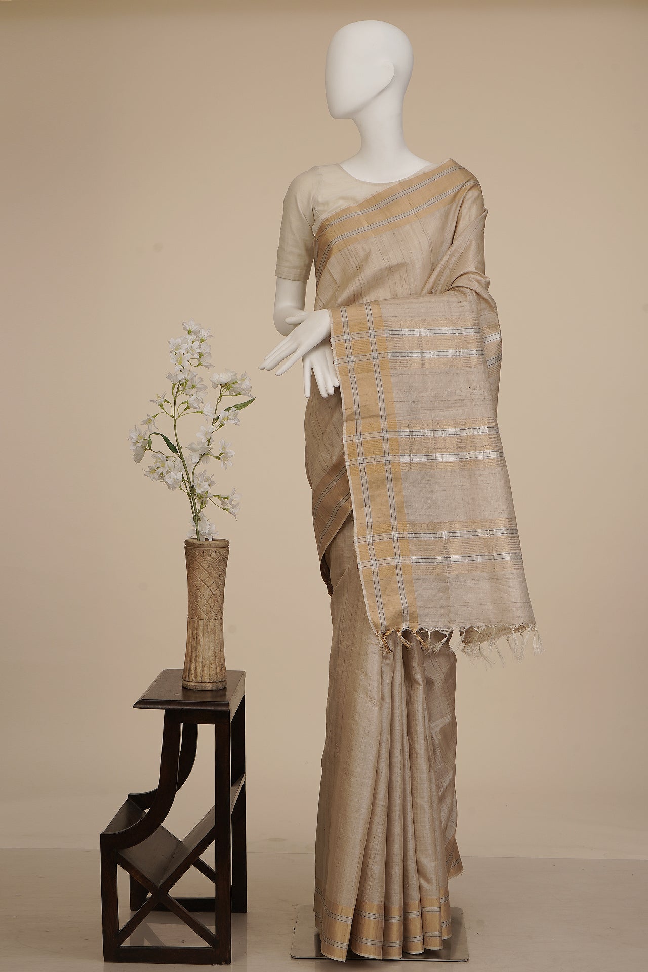 Beige Color Handwoven Tussar Silk Saree With Blouse Piece