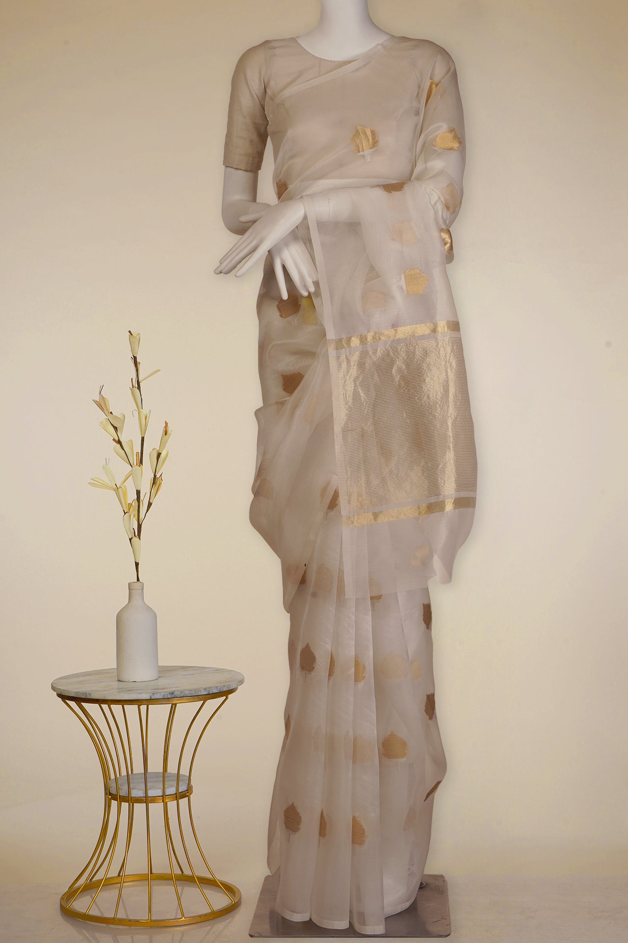 Off White Color Handwoven Organza Silk Saree With Blouse Piece