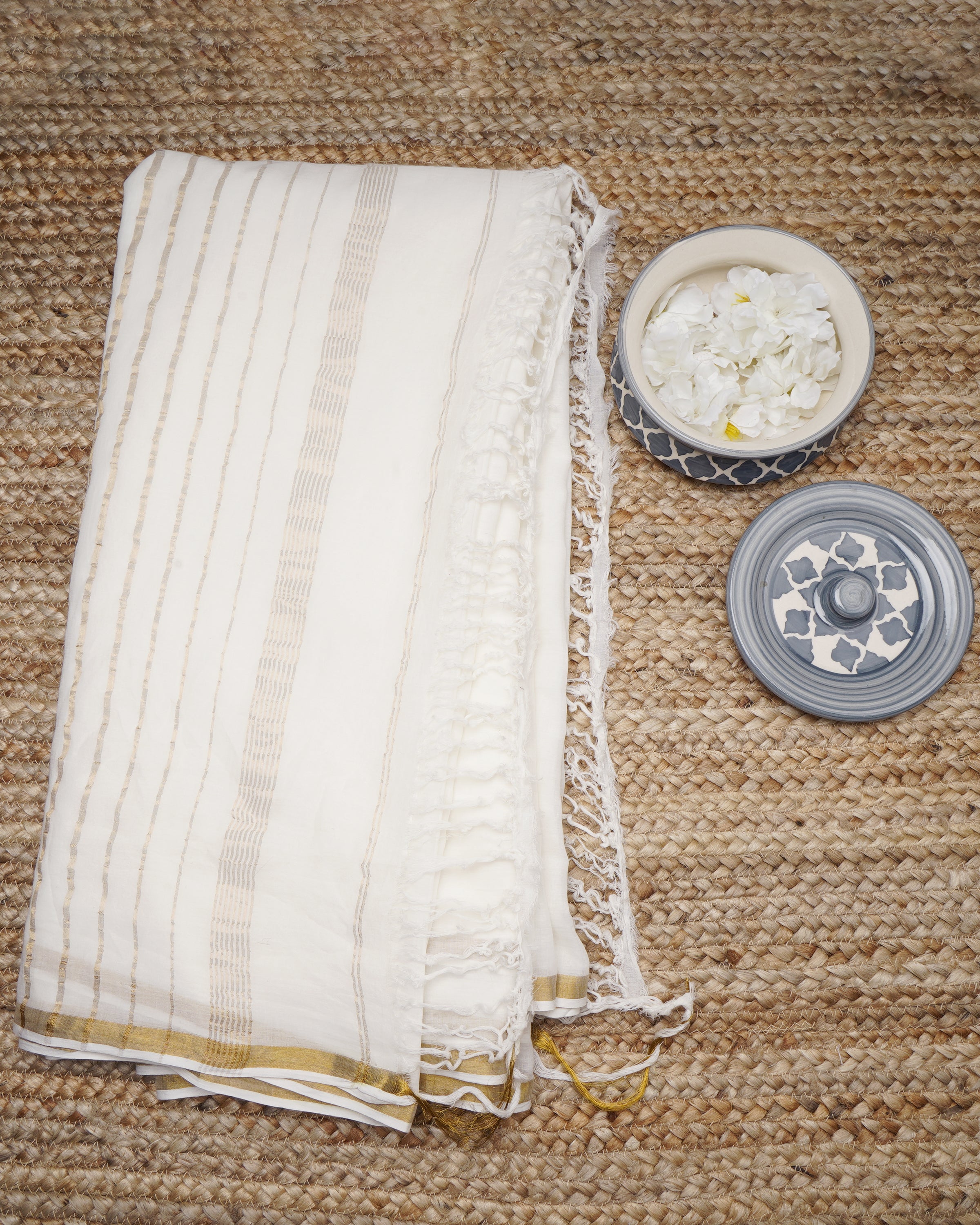 Off-White Fancy Handwoven Cotton Muslin Saree with Blouse Piece