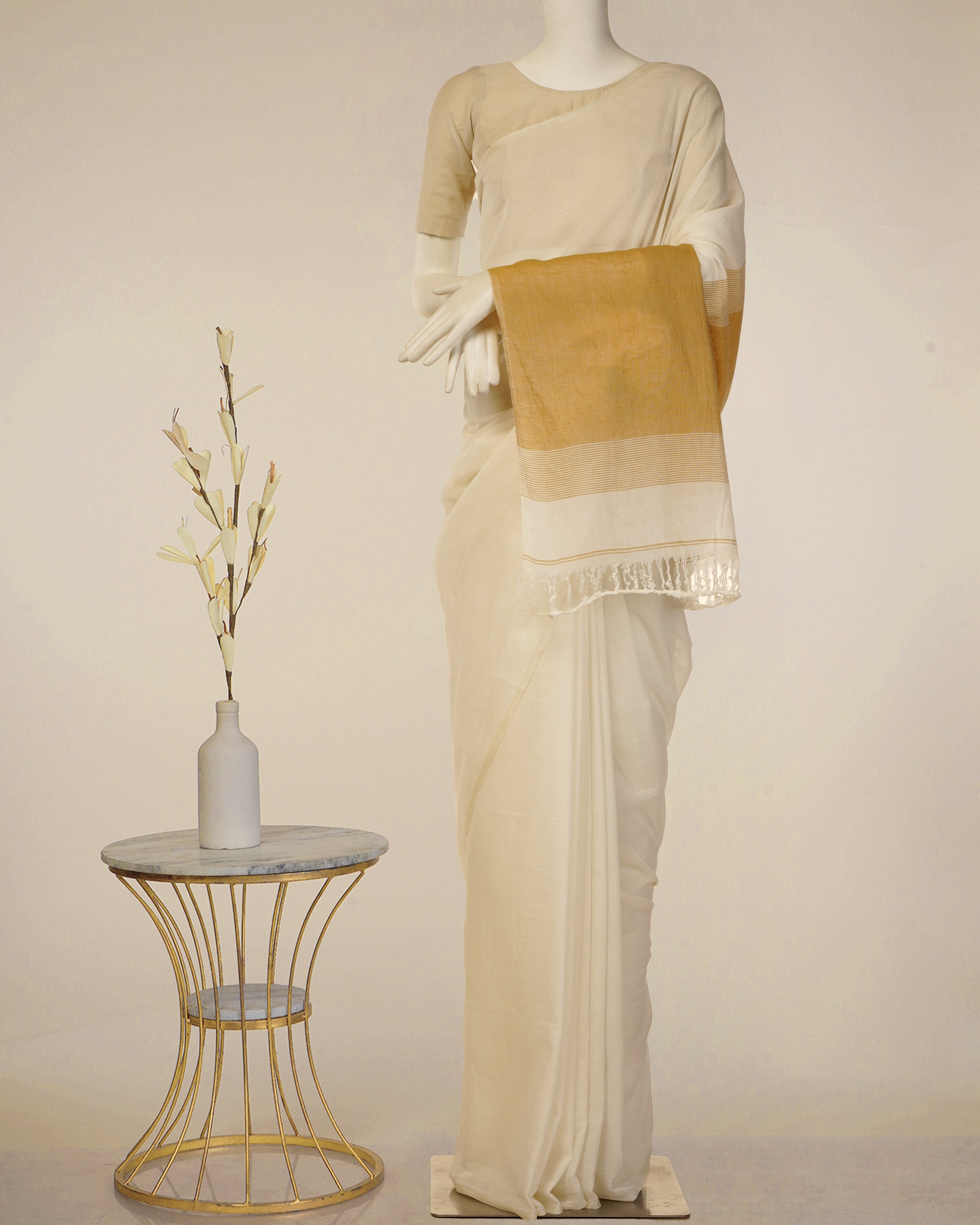 Off-White Fancy Handwoven Cotton Muslin Saree with Blouse Piece