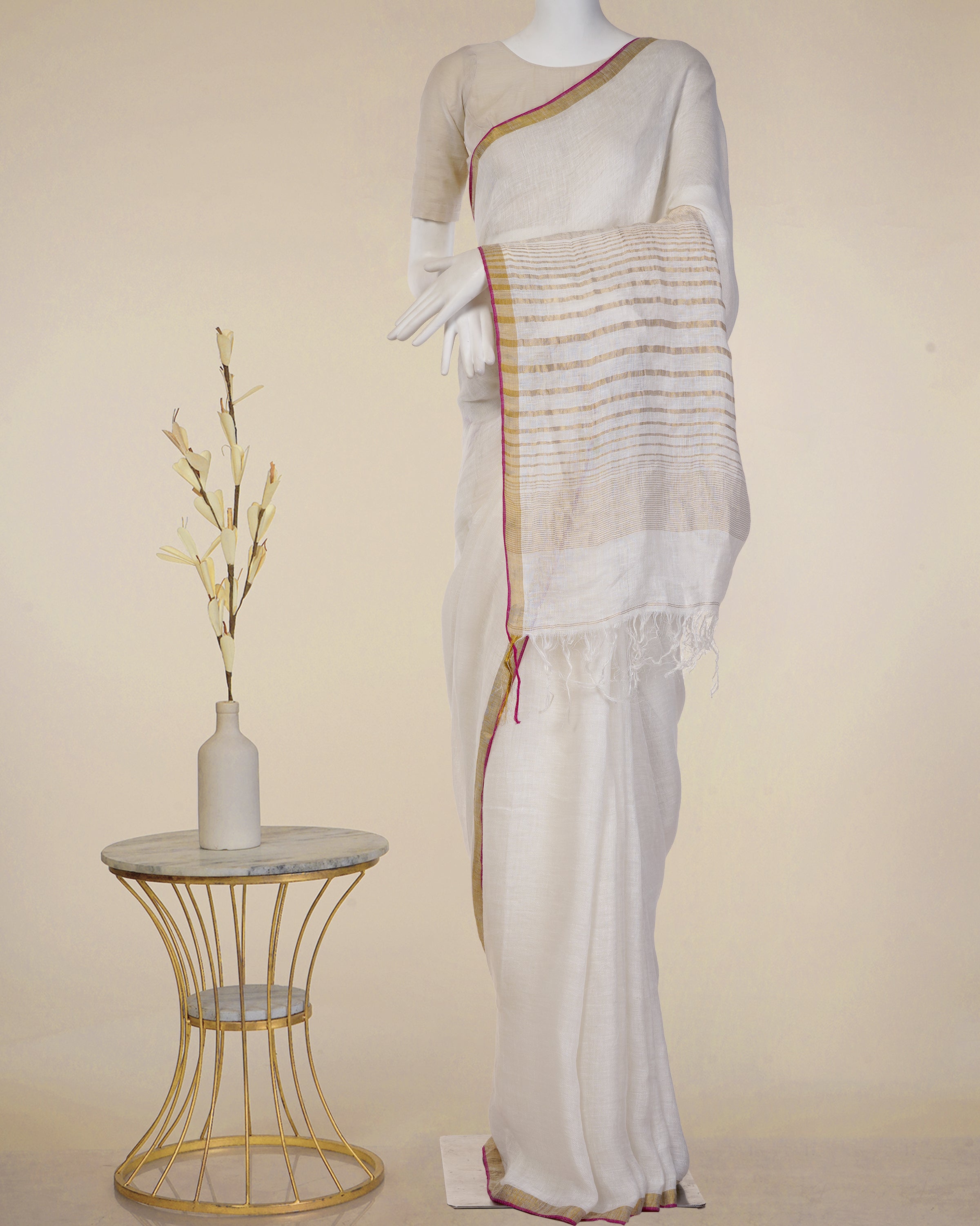 Off-White Fancy Handwoven Pure Linen Muslin Saree with Blouse Piece