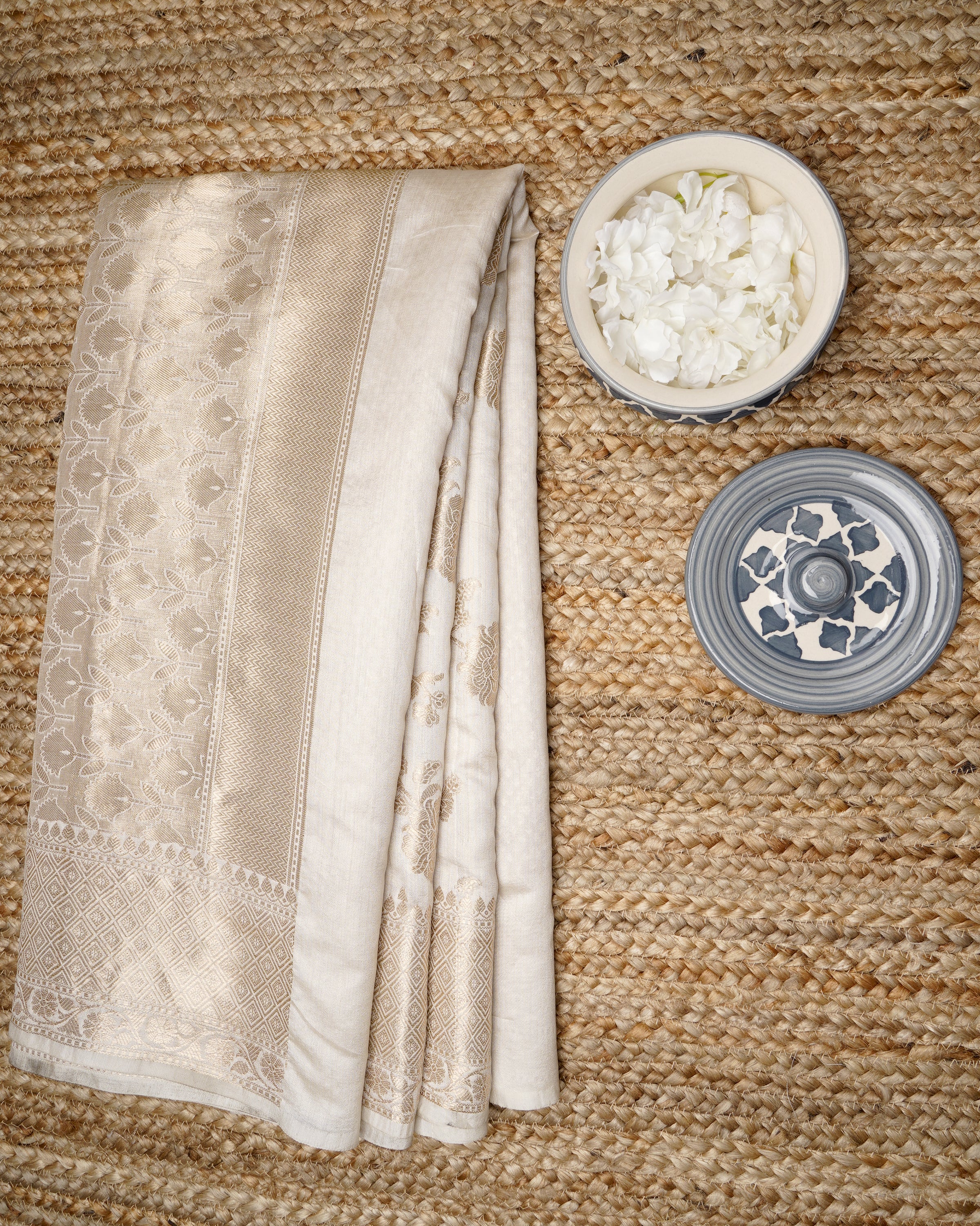 Off White Dyeable All Over Fancy Banarasi Handwoven Silk Saree with Blouse Piece