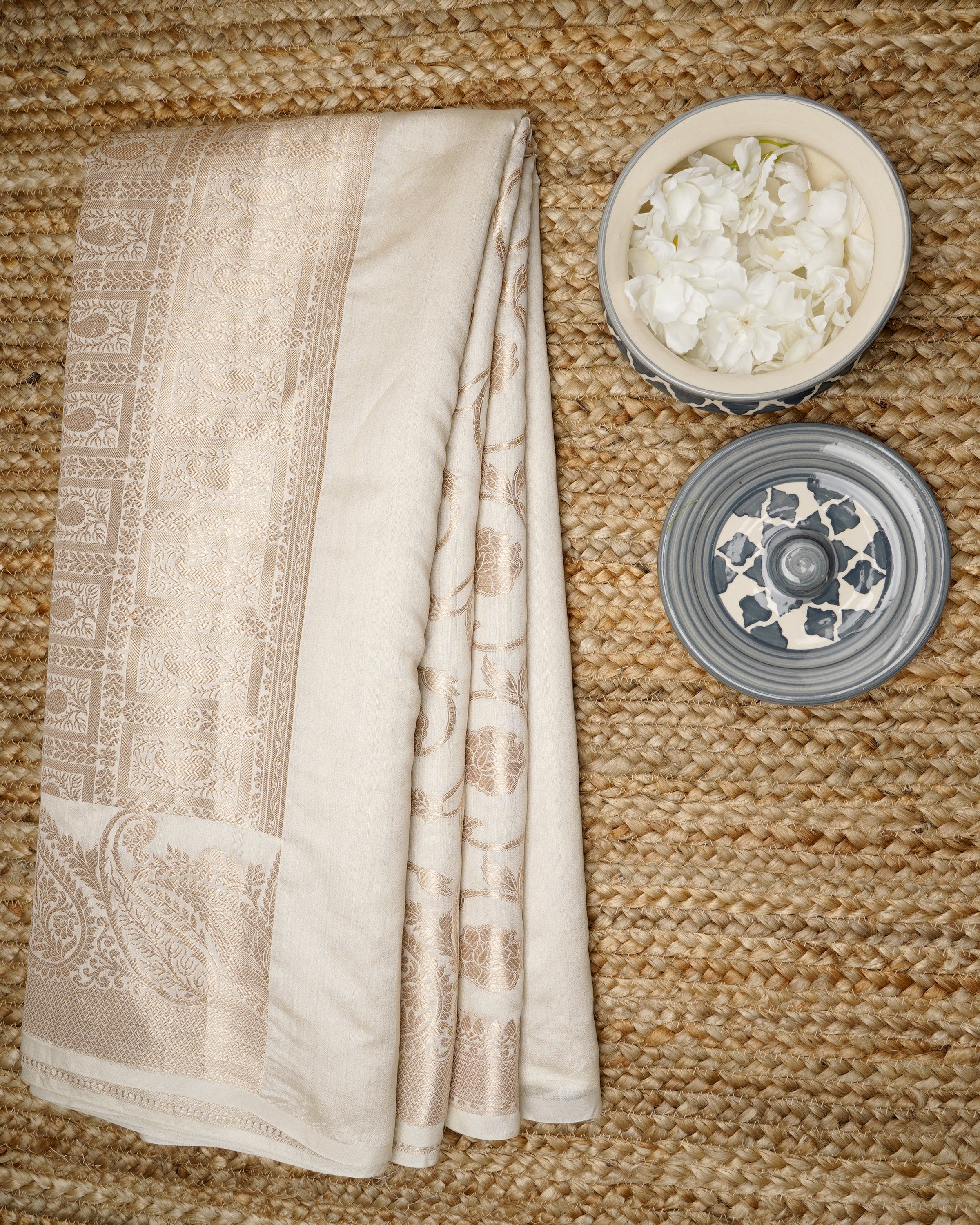 Off White Dyeable All Over Fancy Banarasi Handwoven Silk Saree with Blouse Piece