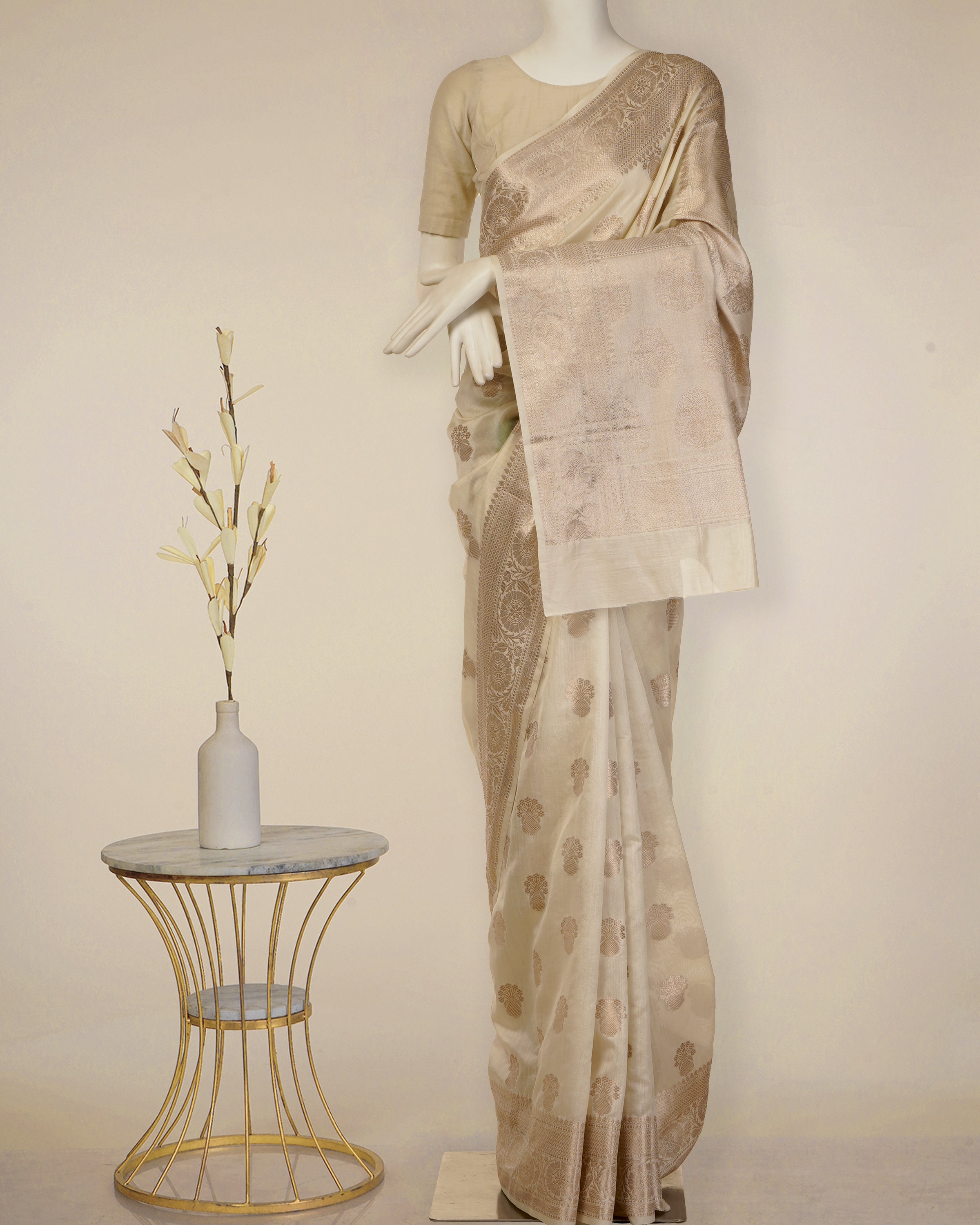 Off White Dyeable Booti Pattern Fancy Banarasi Handwoven Silk Saree with Blouse Piece