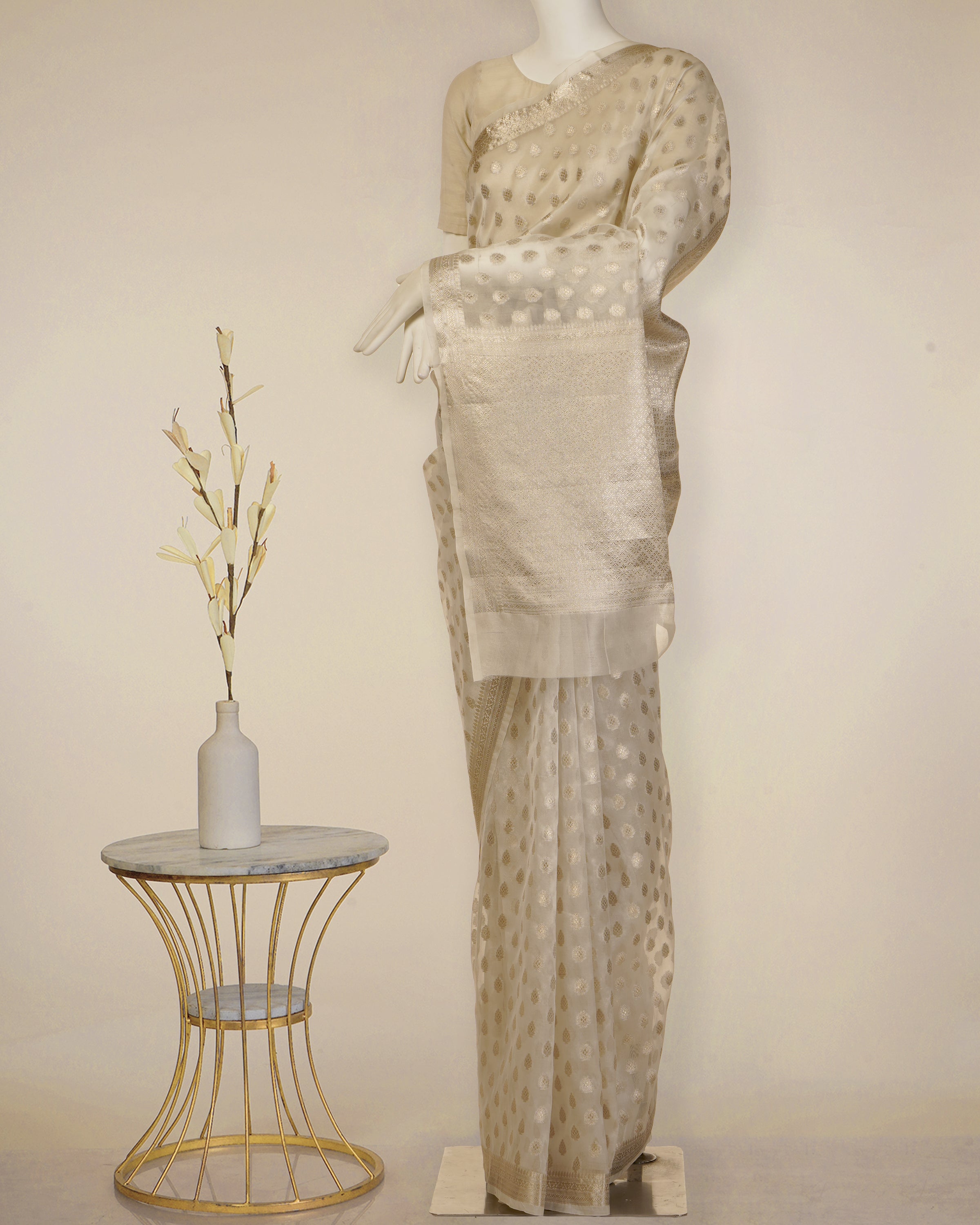 Off White Dyeable Booti Pattern Fancy Banarasi Handwoven Organza Silk Saree with Blouse Piece