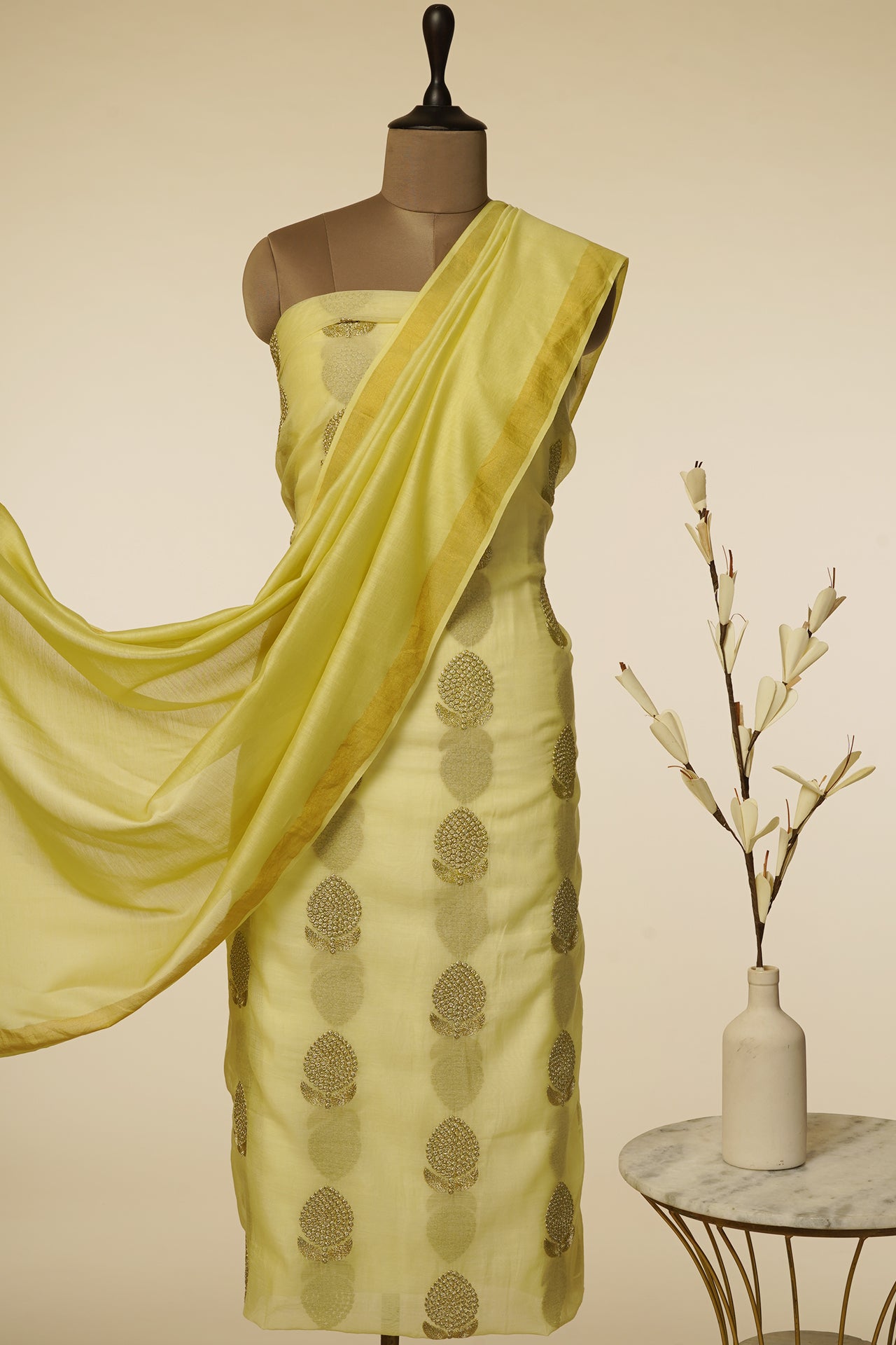 Light Yellow Color Embroidered Pure Chanderi Unstitched Suit Set (Top & Dupatta)