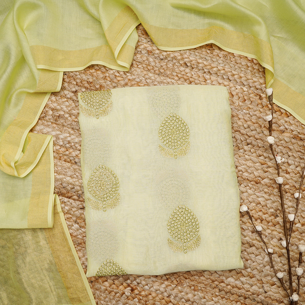 Light Yellow Color Embroidered Pure Chanderi Unstitched Suit Set (Top & Dupatta)