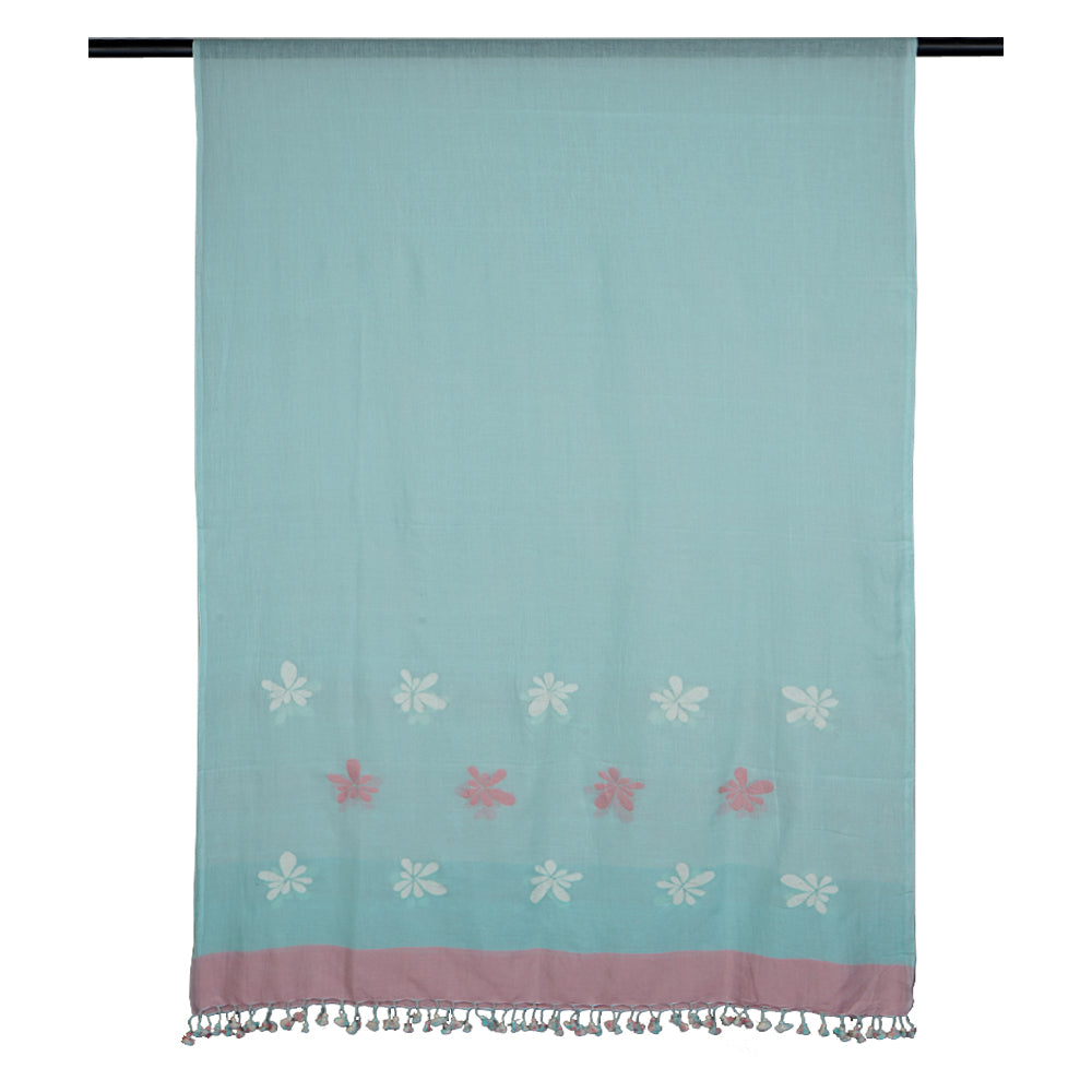 Pale Turquoise Color Handwoven Jamdani Cotton Dupatta with Tassels