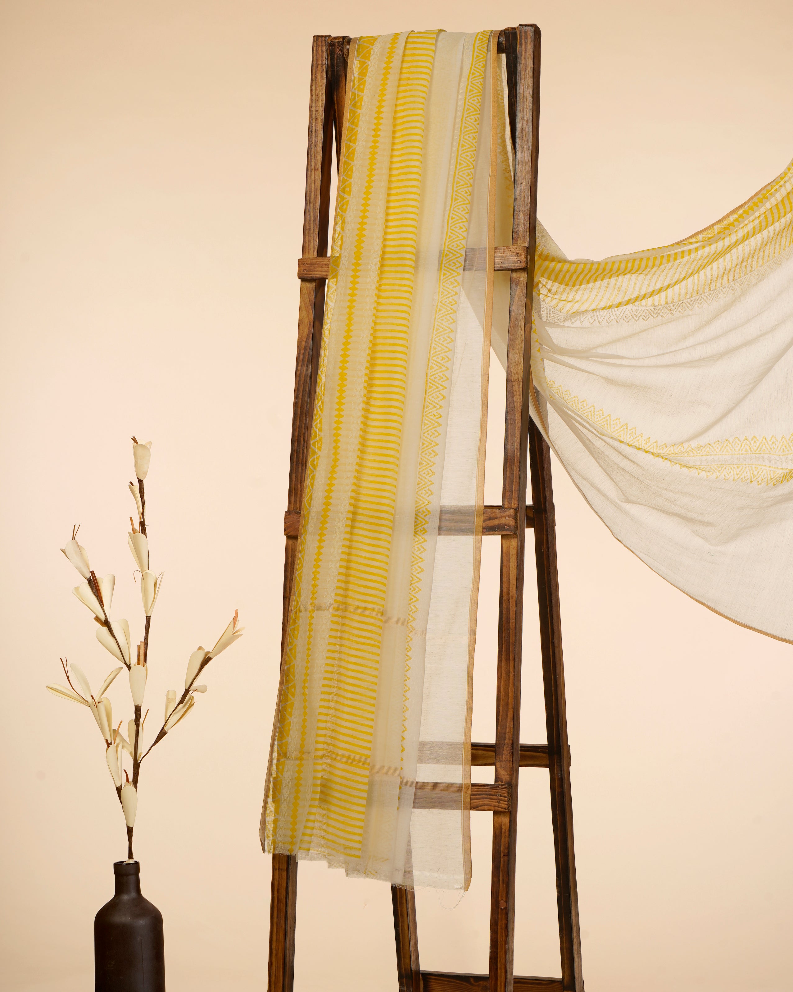 White-Yellow Color Handcrafted Block Printed Chanderi Dupatta