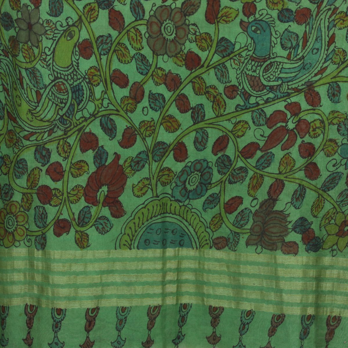 Green Color Handcrafted Kalamkari Printed Pure Cotton Dupatta with Tassels