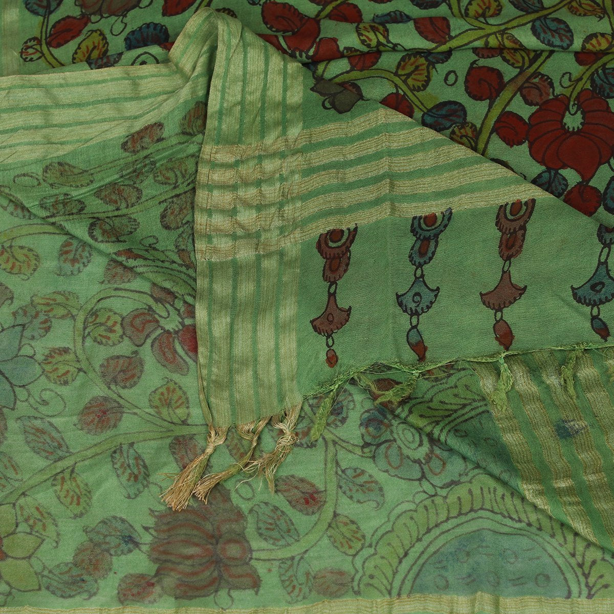 Green Color Handcrafted Kalamkari Printed Pure Cotton Dupatta with Tassels