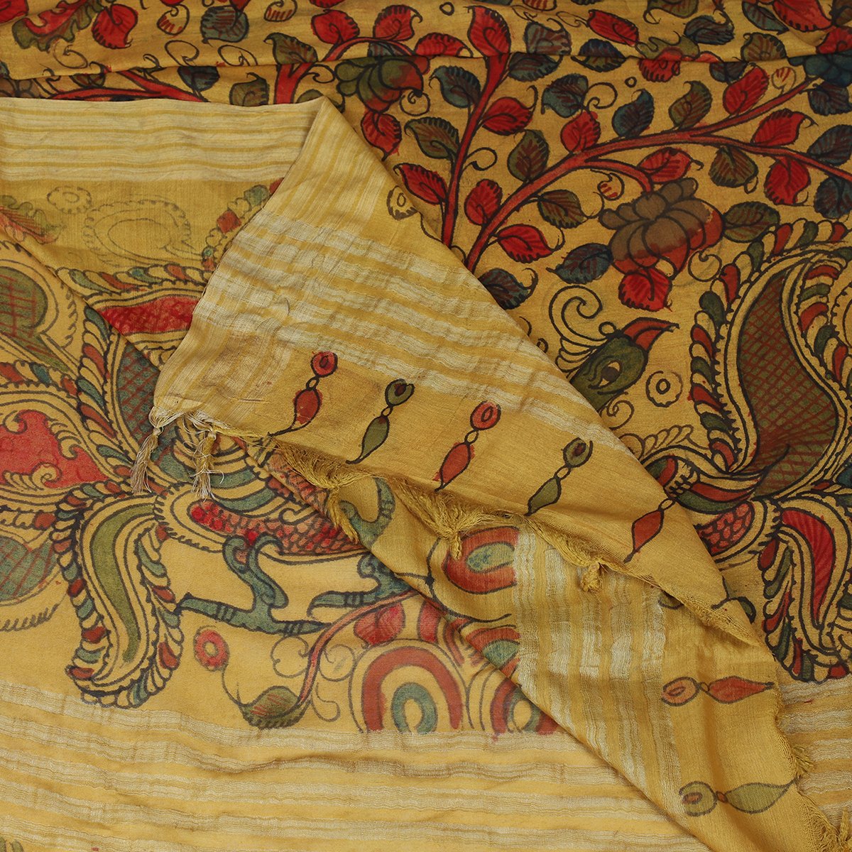 Multi Color Handcrafted Kalamkari Printed Pure Cotton Dupatta with Tassels