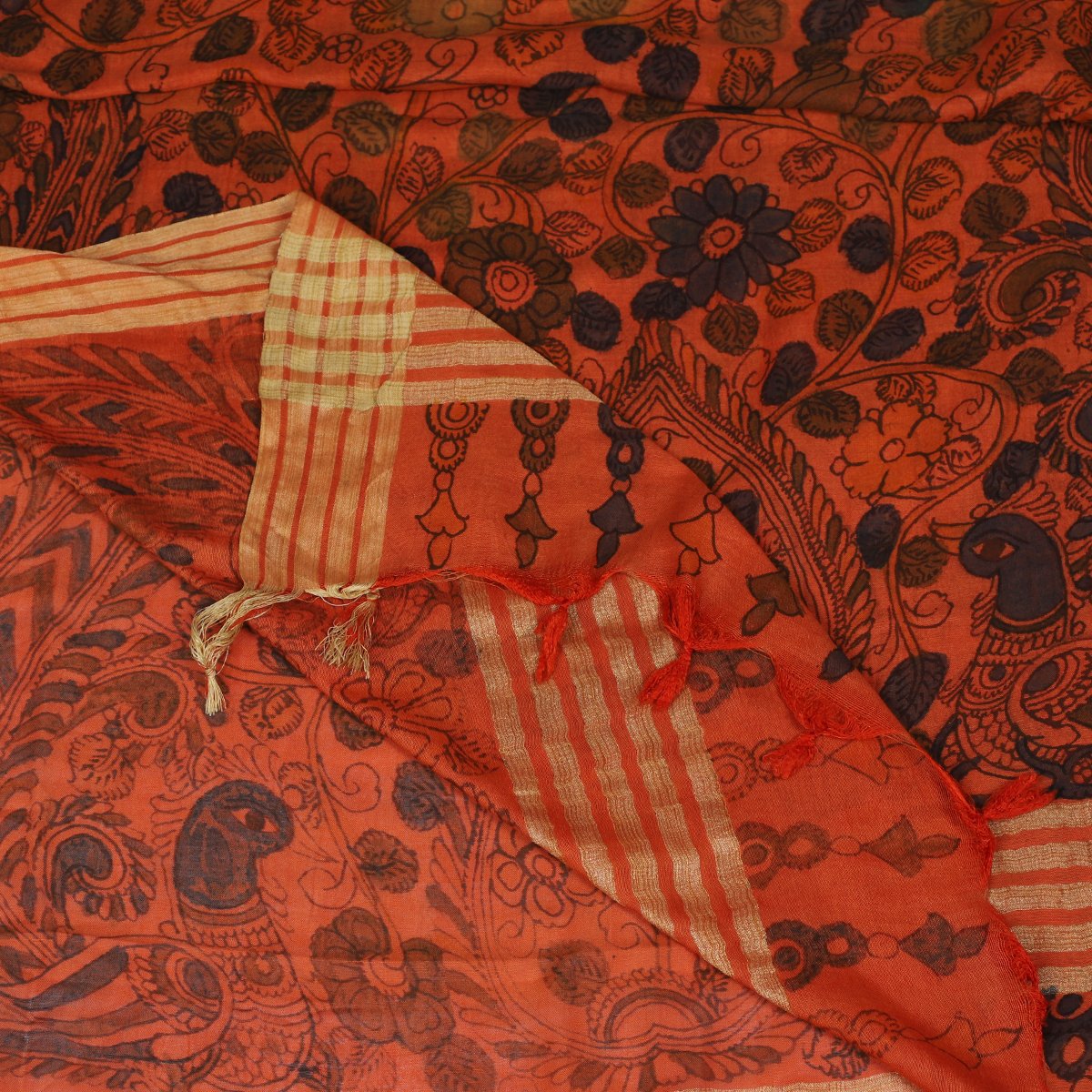 Multi Color Handcrafted Kalamkari Printed Pure Cotton Dupatta with Tassels