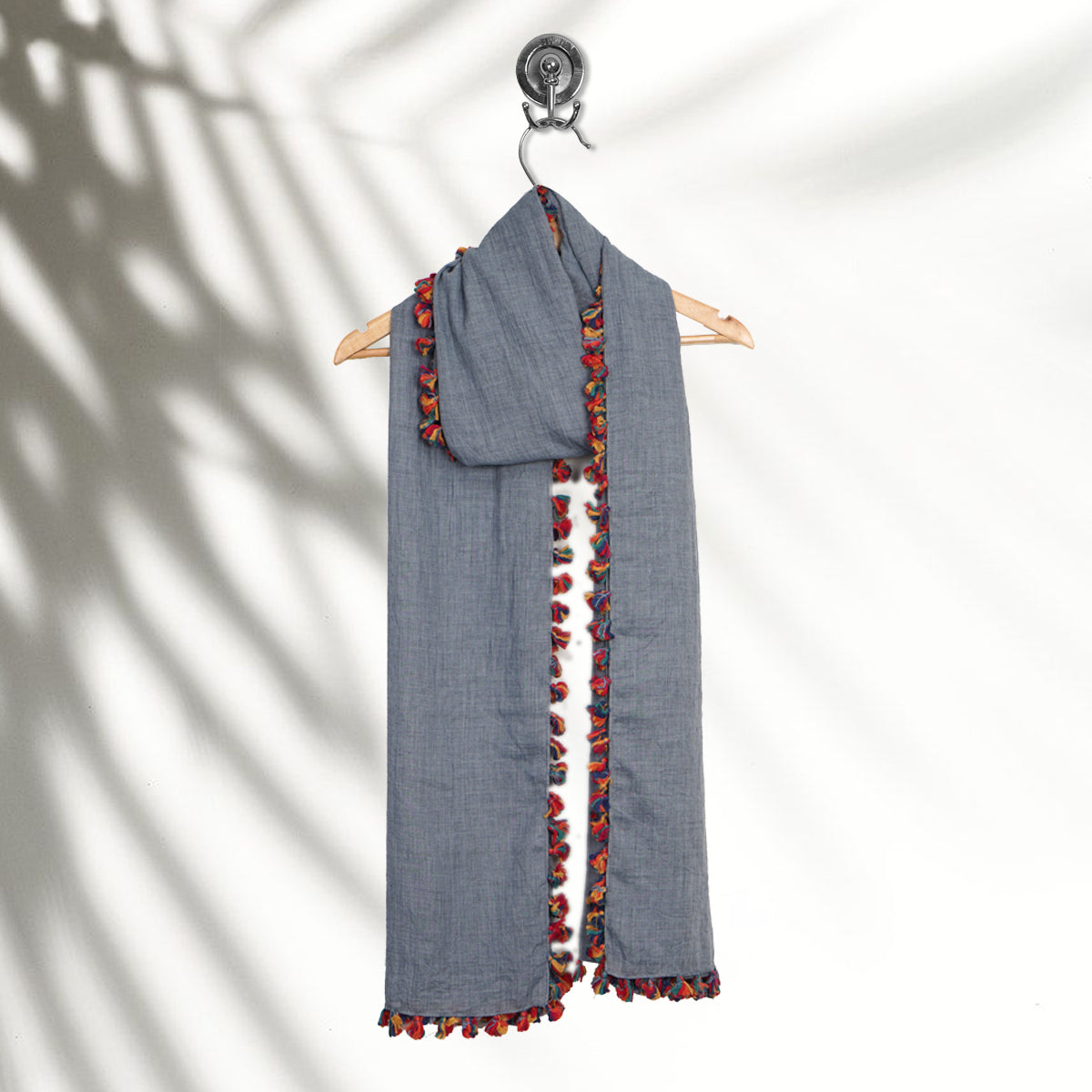 Grey Color Poly Cotton Stole with Tassels