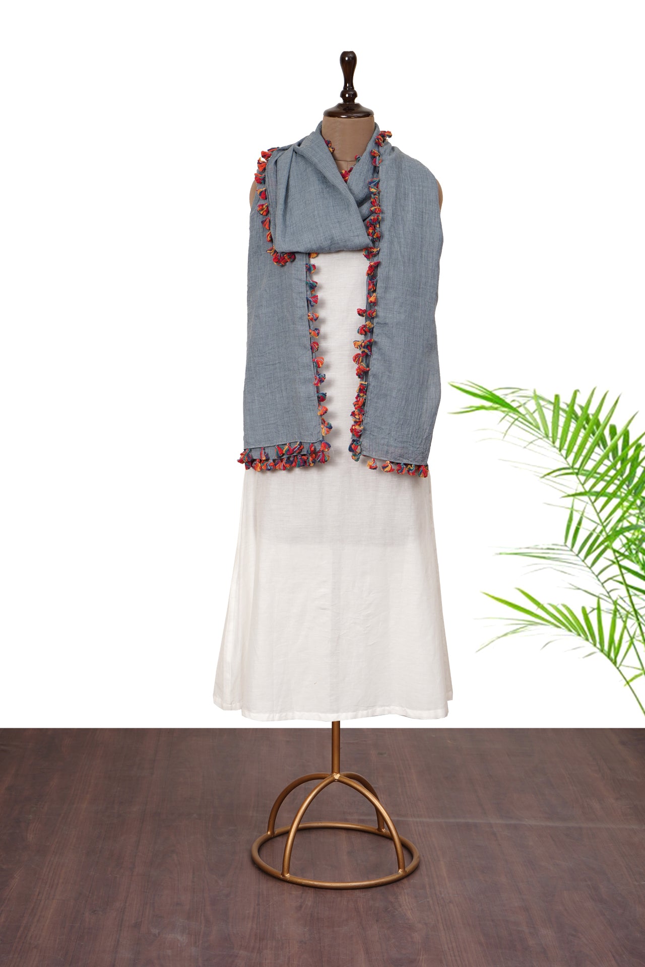 Grey Color Poly Cotton Stole with Tassels