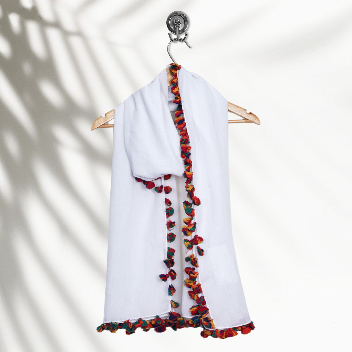 White Color Poly Cotton Stole with Tassels