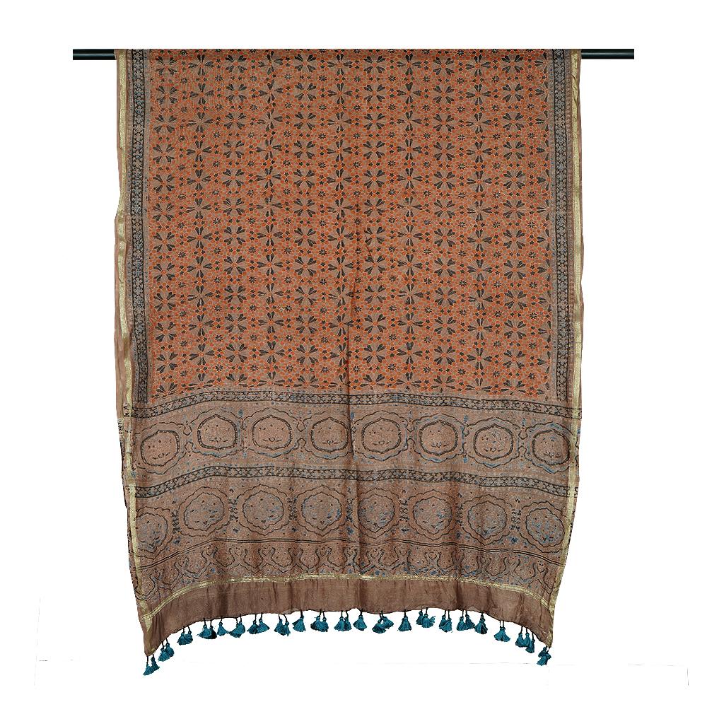 Multi Color Handcrafted Ajrak Printed Pure Chanderi Dupatta with Tassels