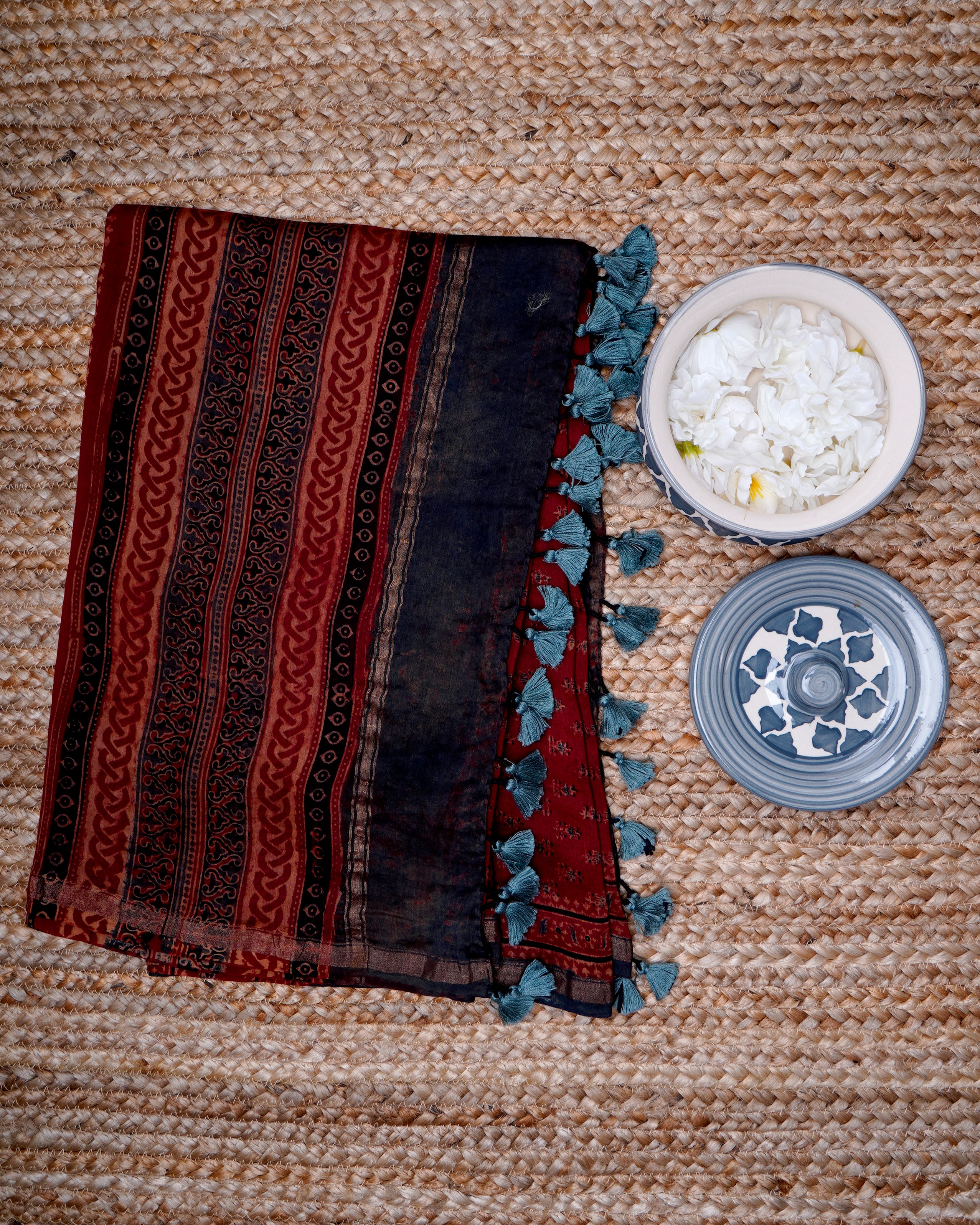Brown Color Handcrafted Ajrak Printed Premium Chanderi Dupatta with Tassels