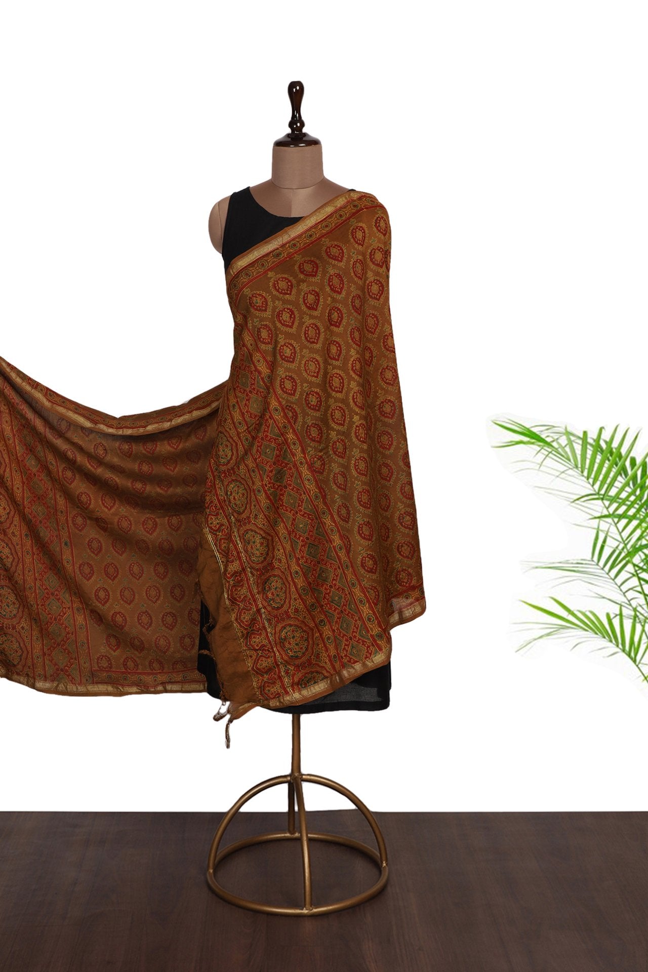 Brown Color Handcrafted Ajrak Printed Pure Chanderi Dupatta with Tassels