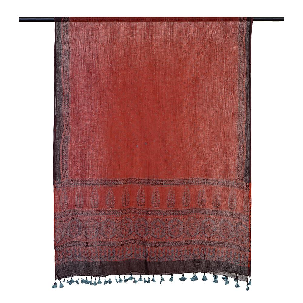 Rust Color Handcrafted Ajrak Printed Pure Cotton Dupatta with Tassels