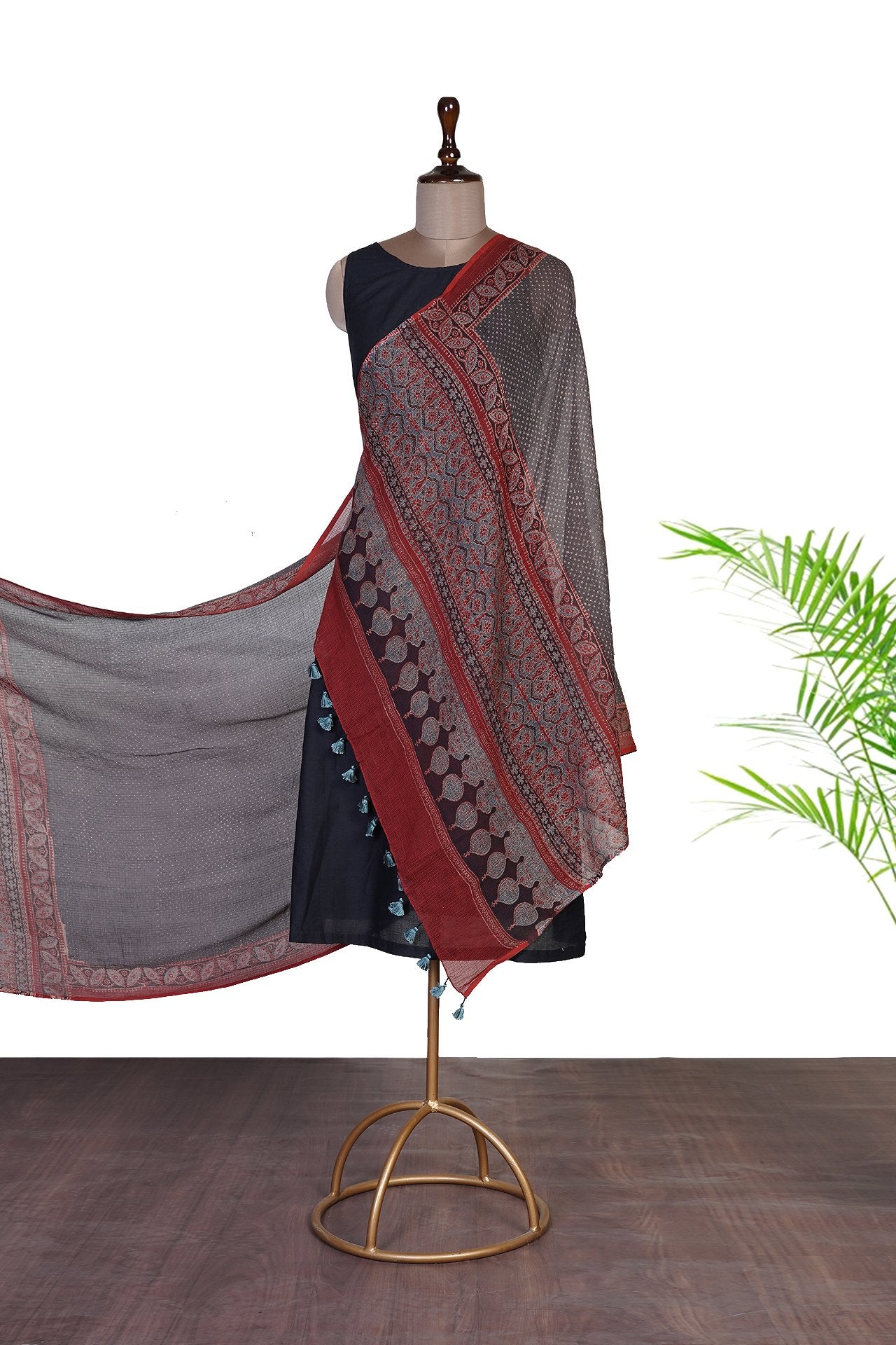 Dark Grey Color Handcrafted Ajrak Printed Pure Cotton Dupatta with Tassels
