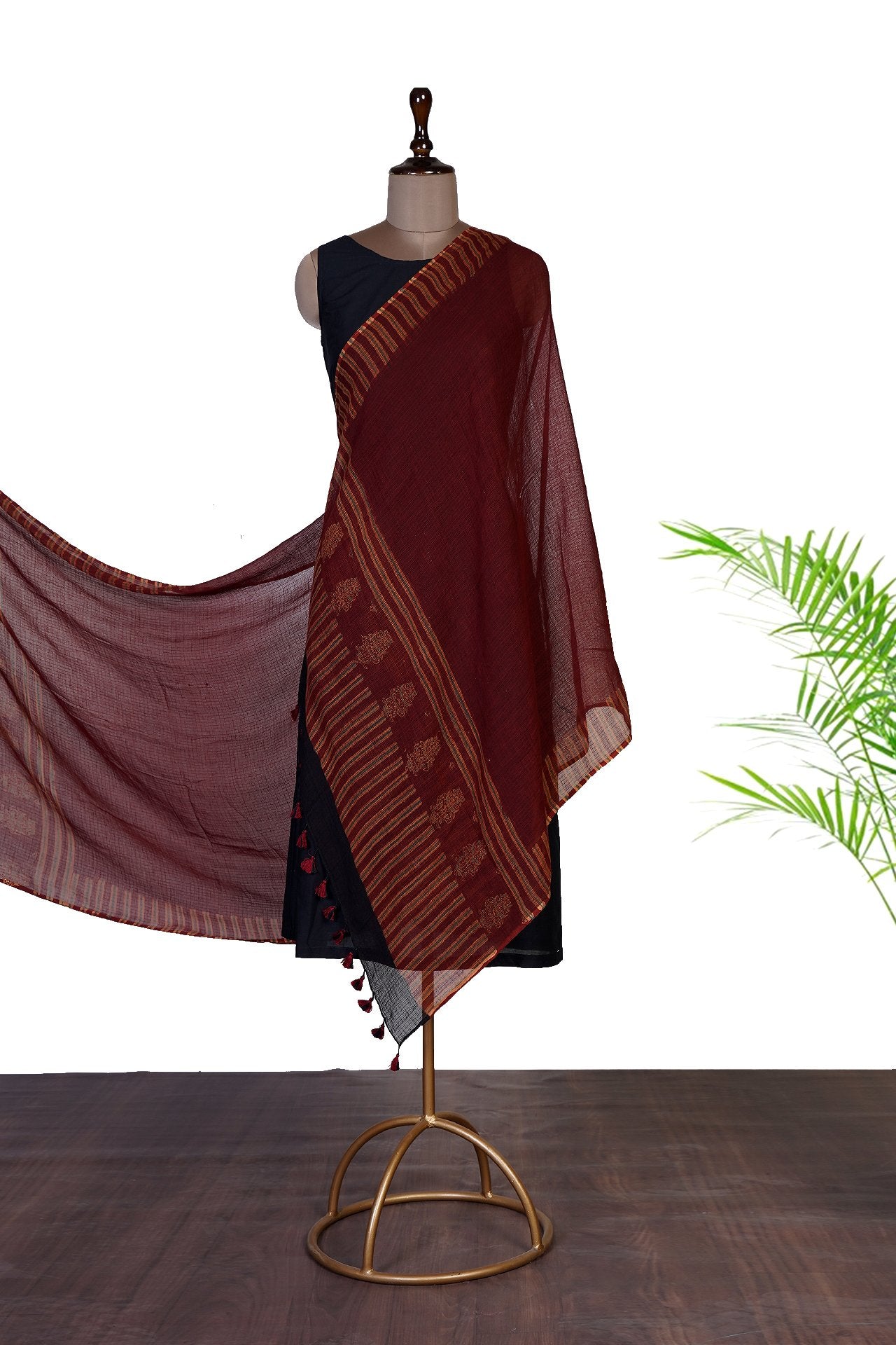 Maroon Color Handcrafted Ajrak Printed Pure Cotton Dupatta with Tassels