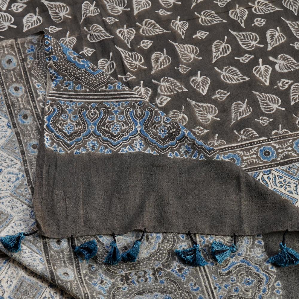 Stone-Grey Color Handcrafted Ajrak Printed Pure Cotton Dupatta with Tassels