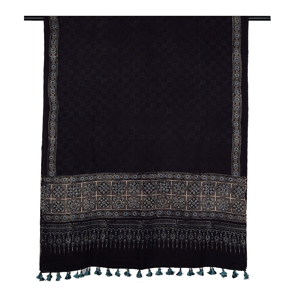 Dark Brown Color Handcrafted Ajrak Printed Pure Cotton Dupatta with Tassels