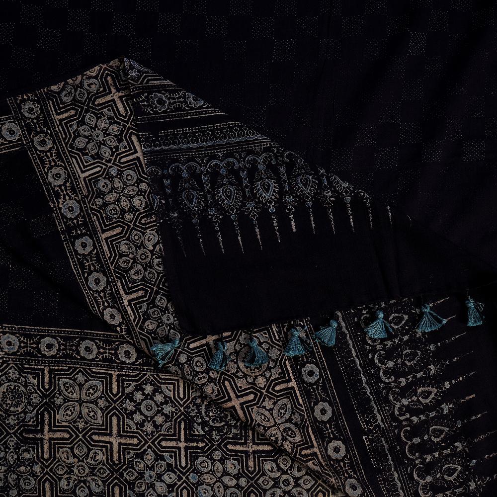 Dark Brown Color Handcrafted Ajrak Printed Pure Cotton Dupatta with Tassels