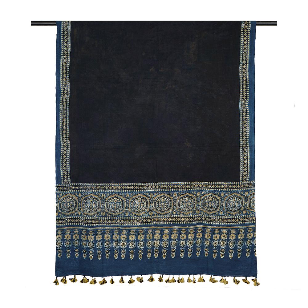 Dark Blue Color Handcrafted Ajrak Printed Pure Cotton Dupatta with Tassels