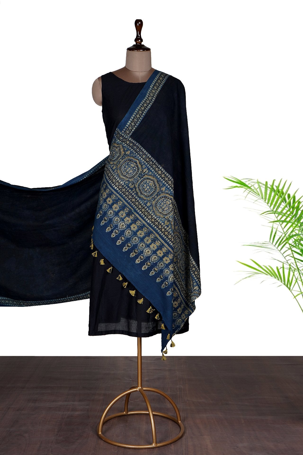 Dark Blue Color Handcrafted Ajrak Printed Pure Cotton Dupatta with Tassels