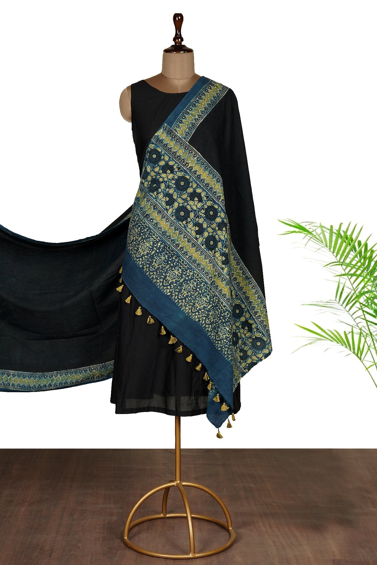 Dark Navy Blue Color Handcrafted Ajrak Printed Pure Cotton Dupatta with Tassels