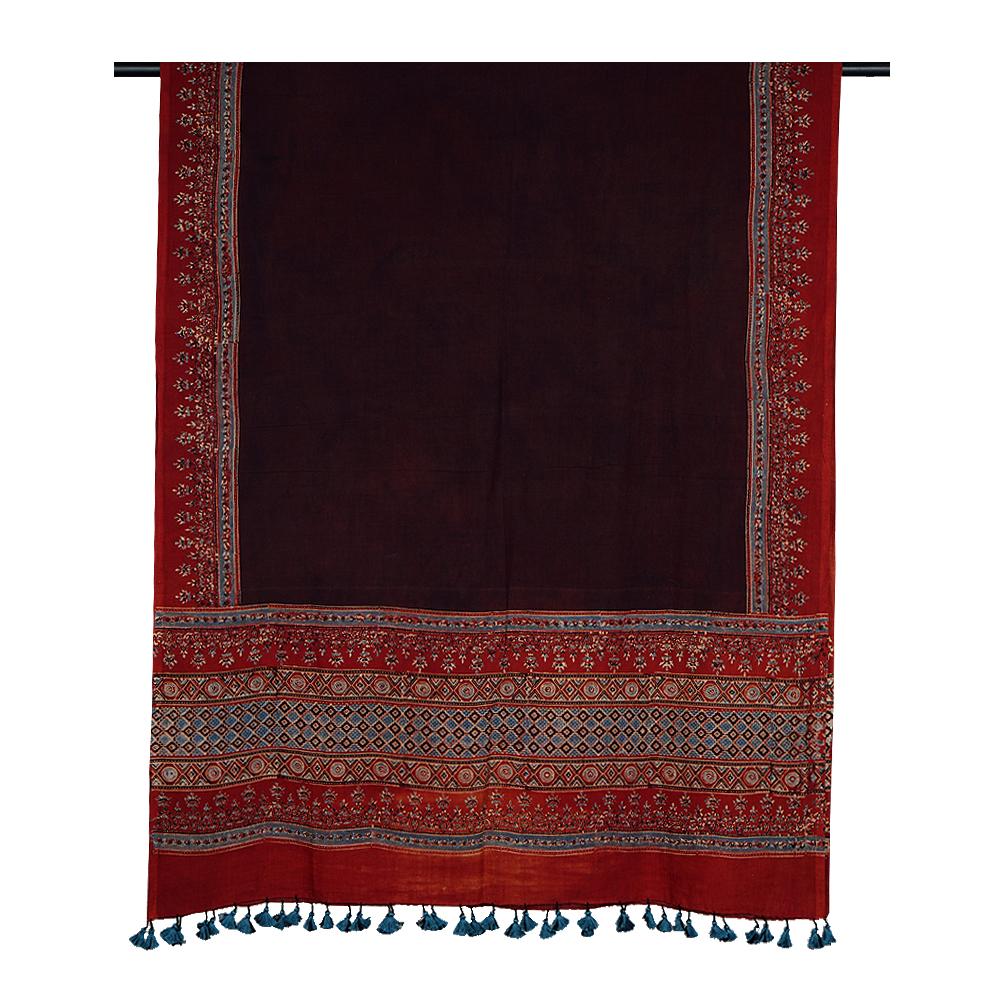 Dark Maroon Color Handcrafted Ajrak Printed Pure Cotton Dupatta with Tassels