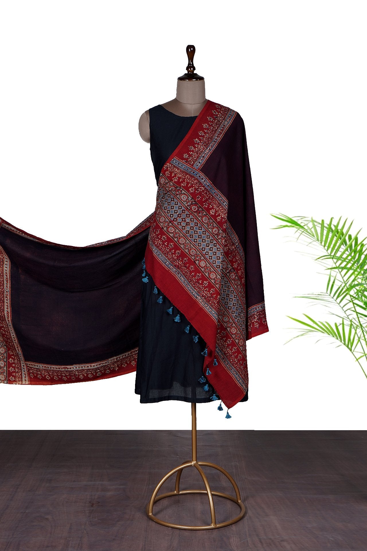 Dark Maroon Color Handcrafted Ajrak Printed Pure Cotton Dupatta with Tassels