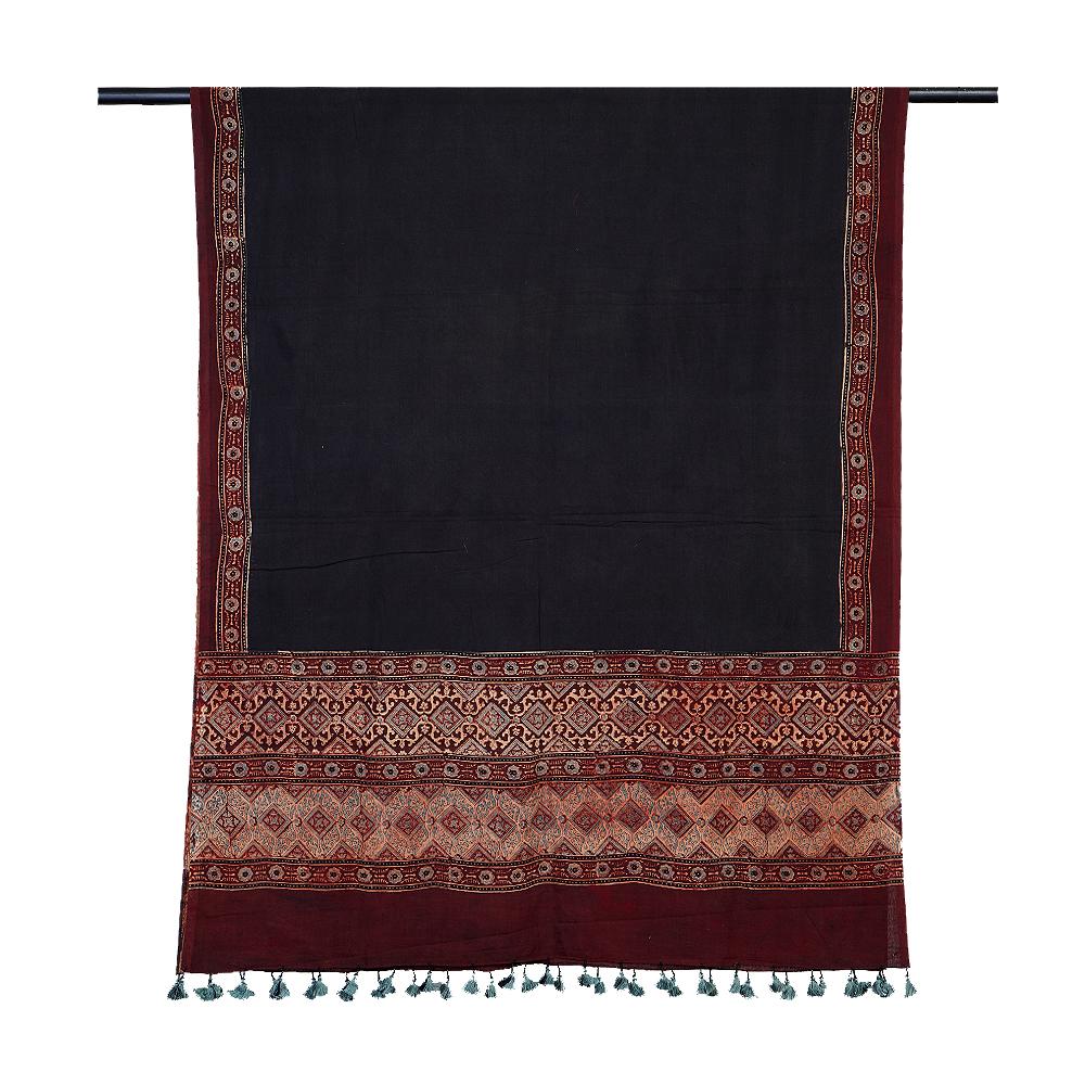 Black Color Handcrafted Ajrak Printed Pure Cotton Dupatta with Tassels
