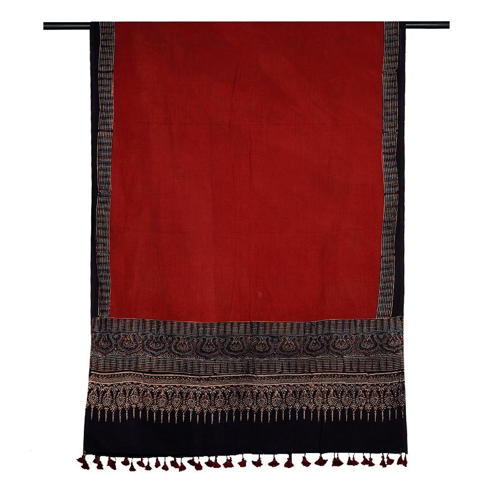 Red Color Handcrafted Ajrak Printed Pure Cotton Dupatta with Tassels