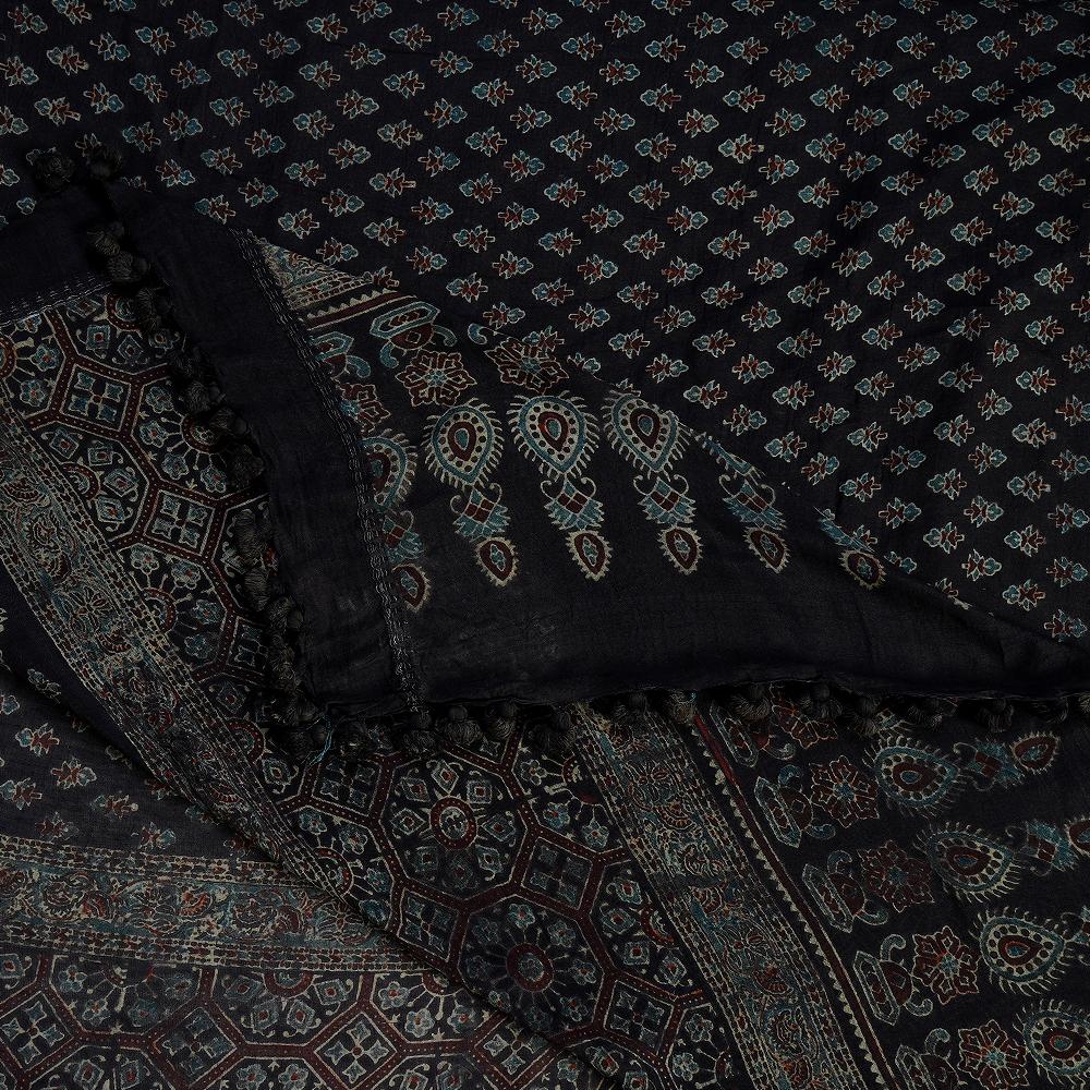 Black Color Handcrafted Ajrak Printed Gajji Silk Dupatta with Tassels